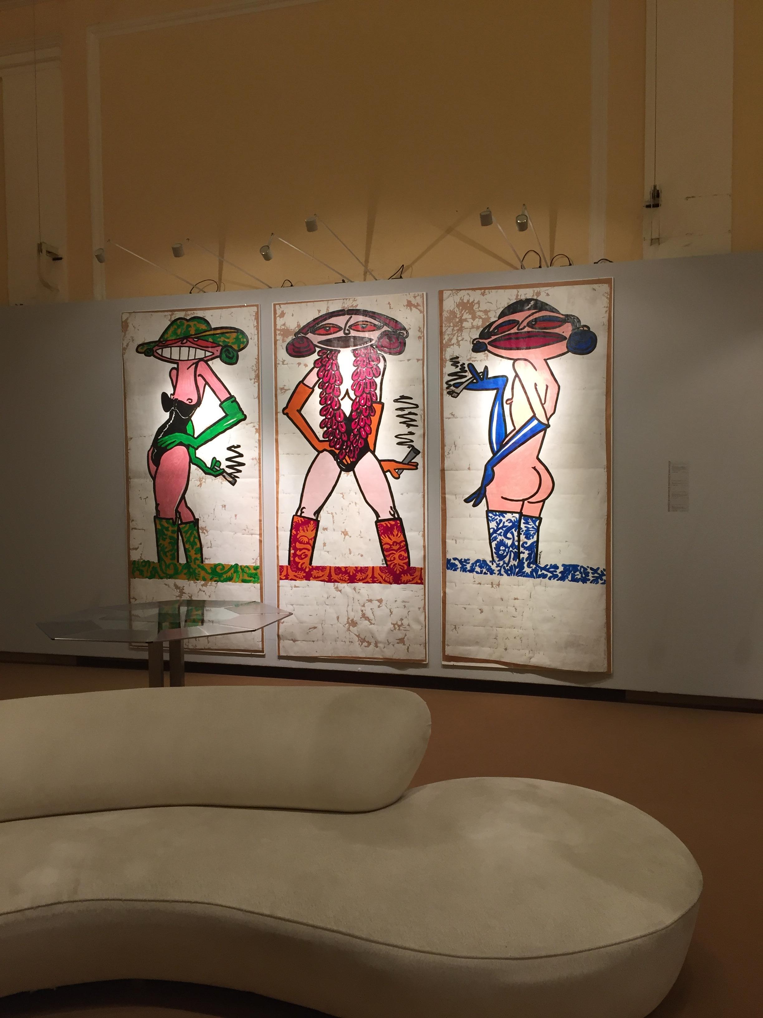 Three single paintings, mixed technique on paper, signed and dated P. Szekely 92, made on the occasion of a presentation of Emilio Pucci fabrics in the Woka Showrooms together with Sotheby's, then also situated in the 