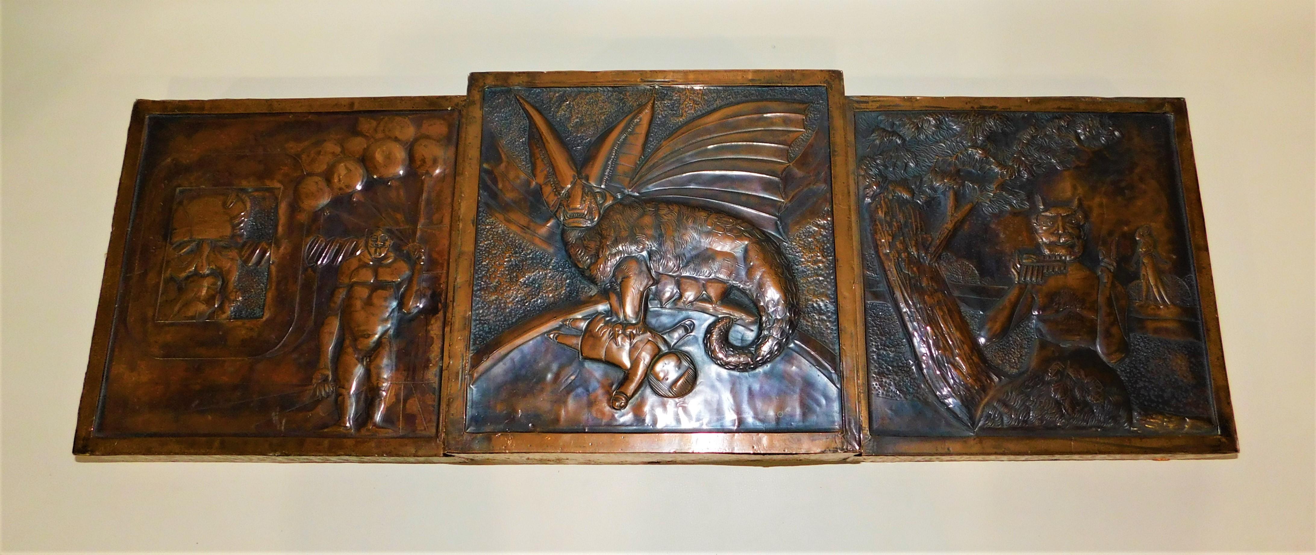 Three Original Hand-Hammered Copper Metal Wall Art Decoration Panels Monsters For Sale 3