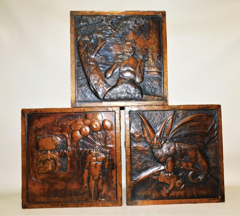 Three Original HandHammered Copper Metal Wall Art Decoration Panels