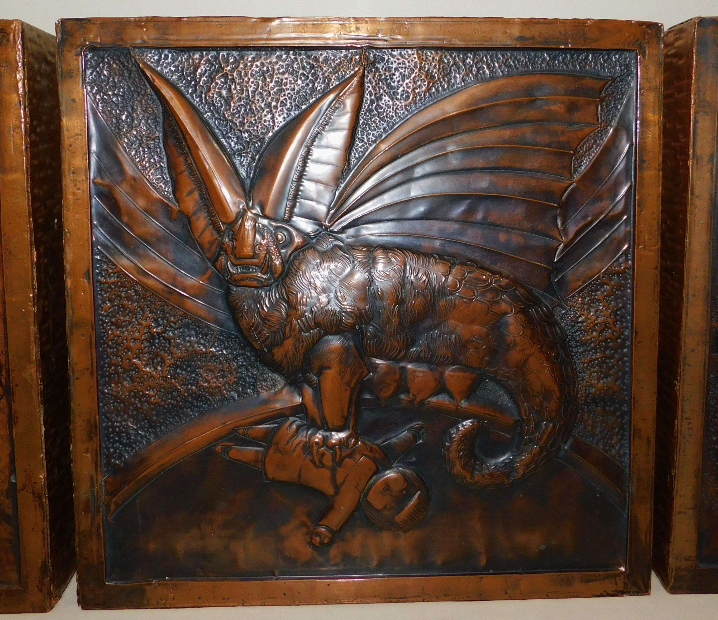 Three Original Hand-Hammered Copper Metal Wall Art Decoration Panels Monsters In Good Condition For Sale In Hamilton, Ontario