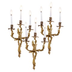 Drei Originale Rokoko-Wandleuchter aus Bronze aus der Zeit 1850, Feuer vergoldete Bronze