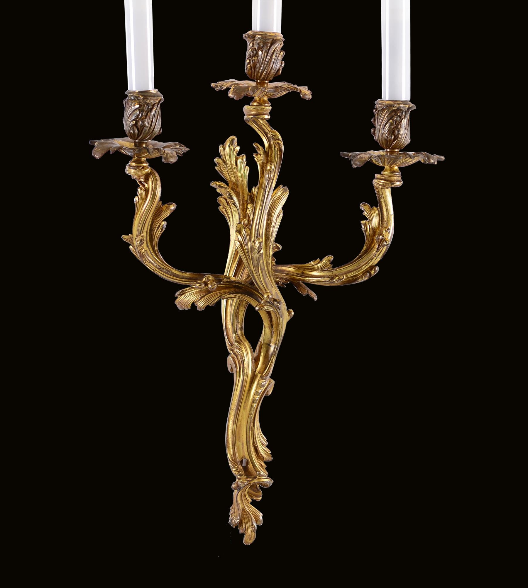 Austrian Three Original of the Time Bronze Rococo Wall Sconces, Fire Gilded Bronze For Sale