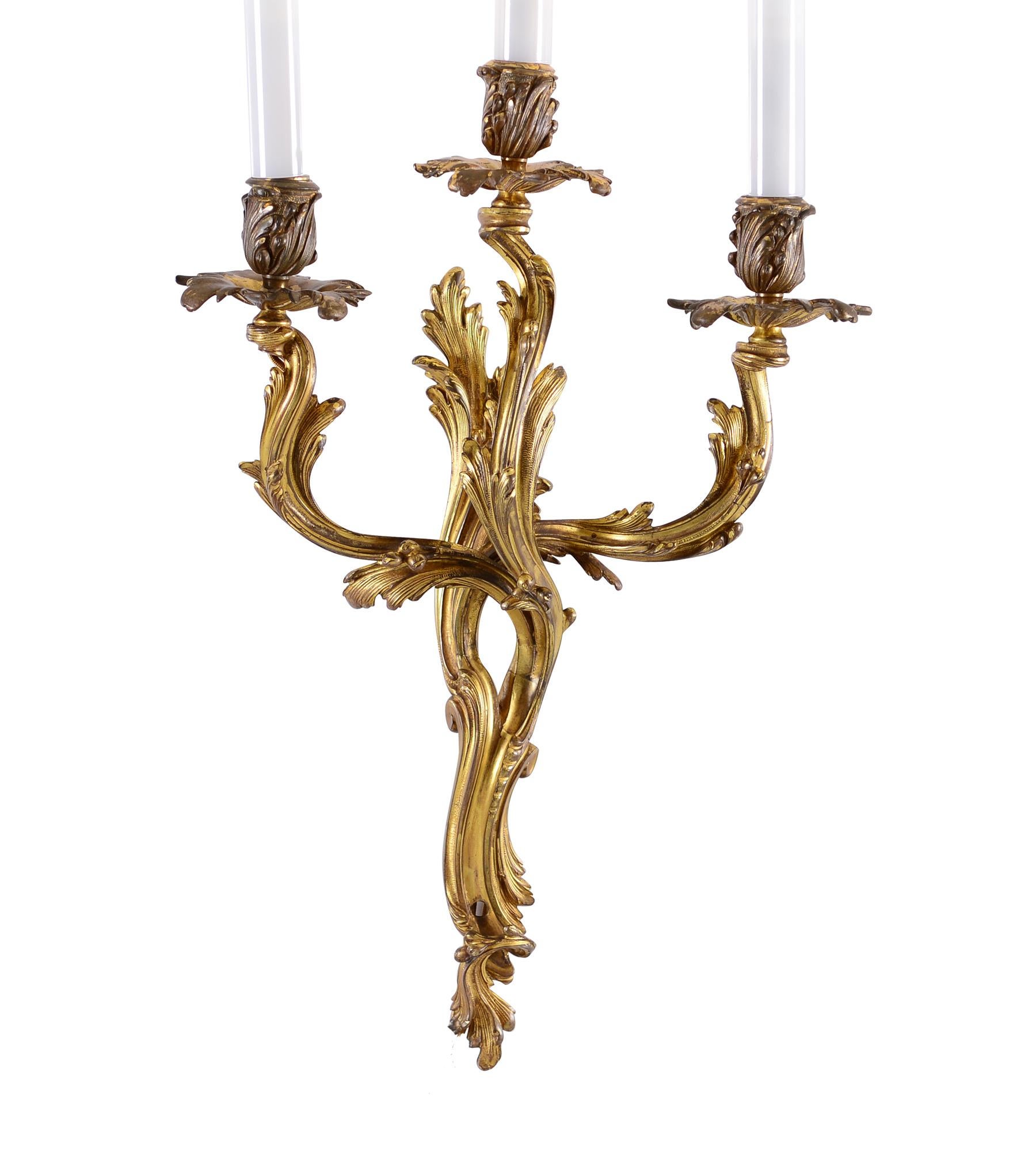 Austrian Three Original of the Time Bronze Rococo Wall Sconces, Fire Gilded Bronze For Sale