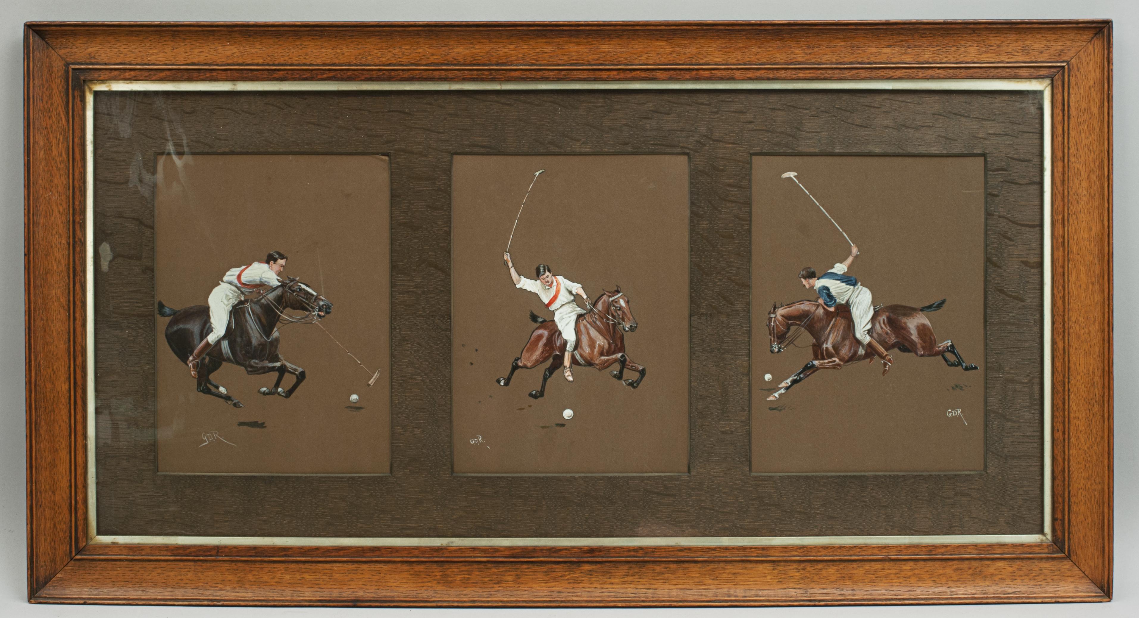 A Polo triptych by George Rowlandson.
A rare set of three original polo watercolours (gouache*), each signed with the initials 'G.D.R.' A single original oak frame with a oak triple aperture mount with original polo art work by George Derville