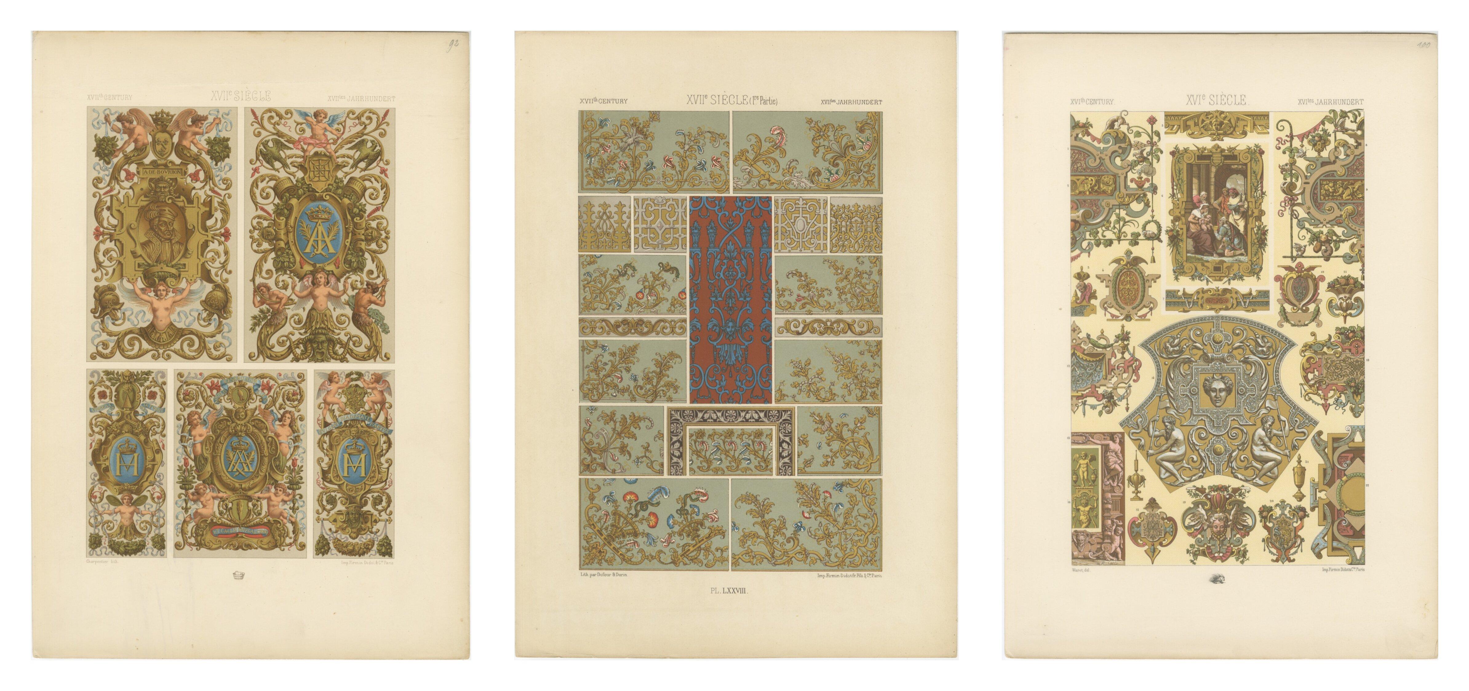 Three Original Renaissance Ornament Plates by Albert Racinet, 1873