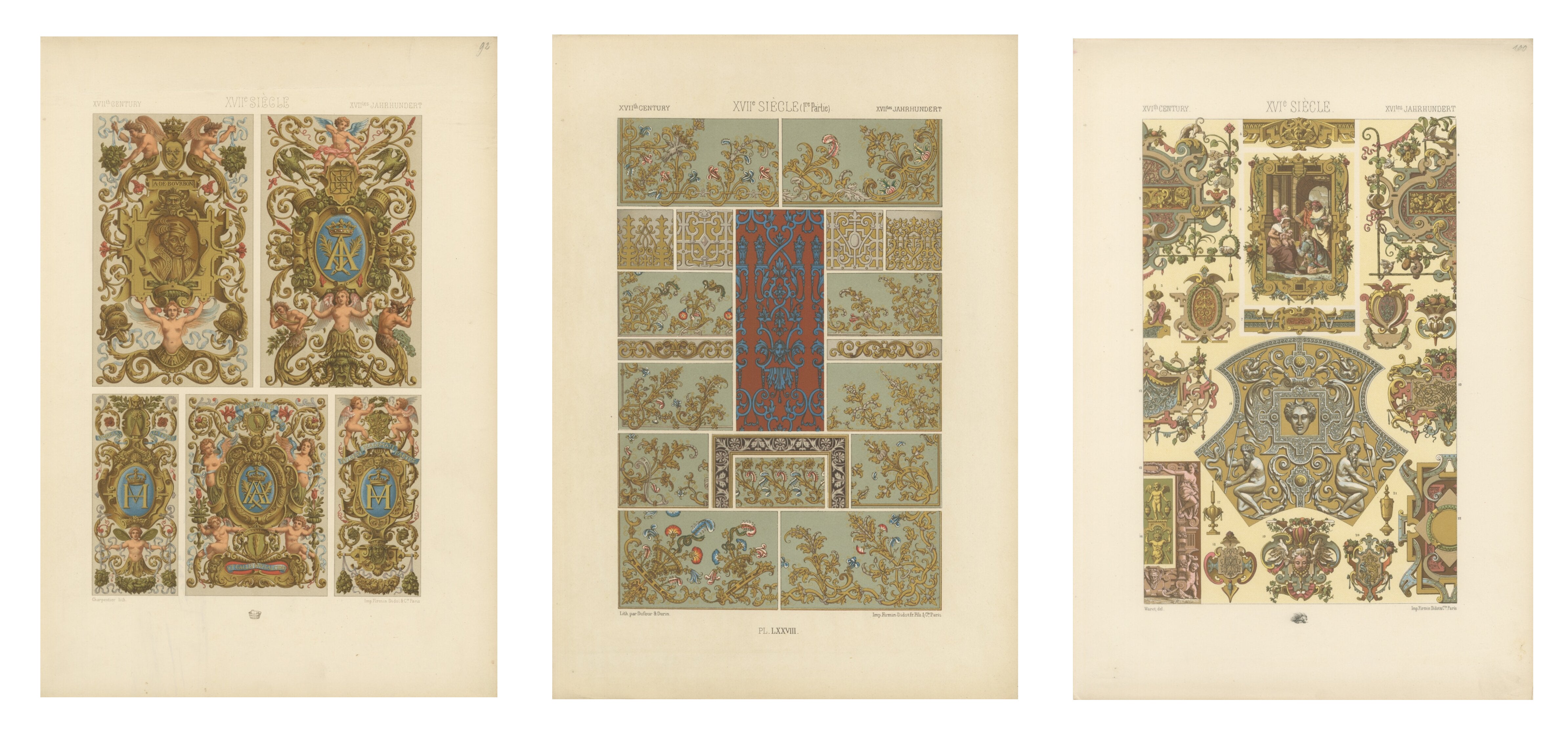 Three Original Renaissance Ornament Plates by Albert Racinet, 1873