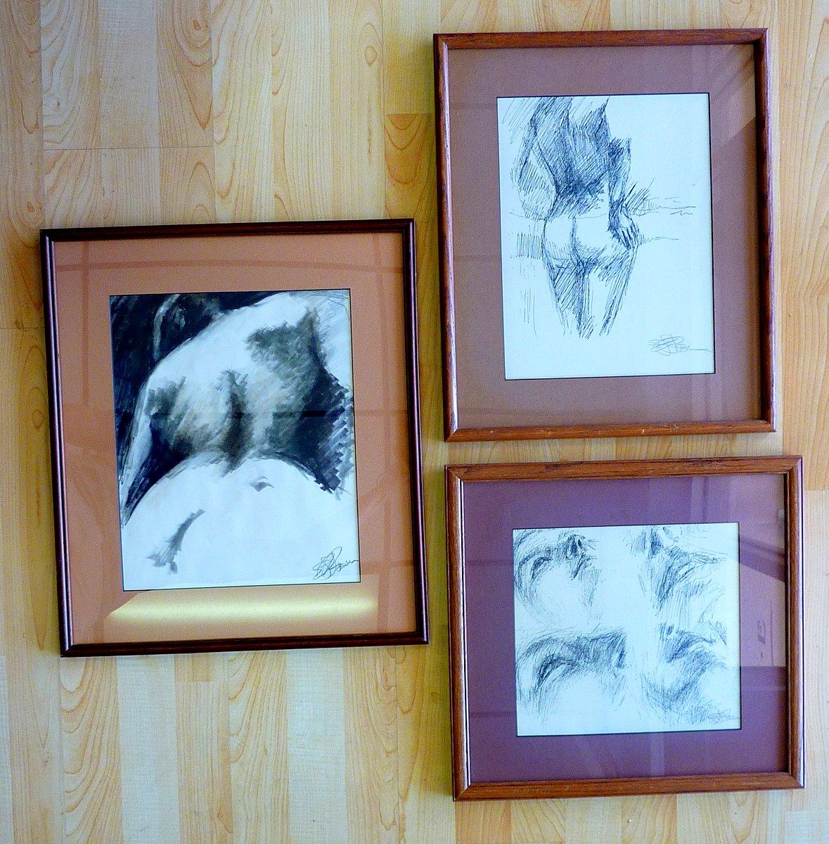A set of three exceptional sketches by listed artist Ed Rosen (American, 1928-2012), all bearing original signatures.

Dimensions, as framed, shown clockwise from left:
17