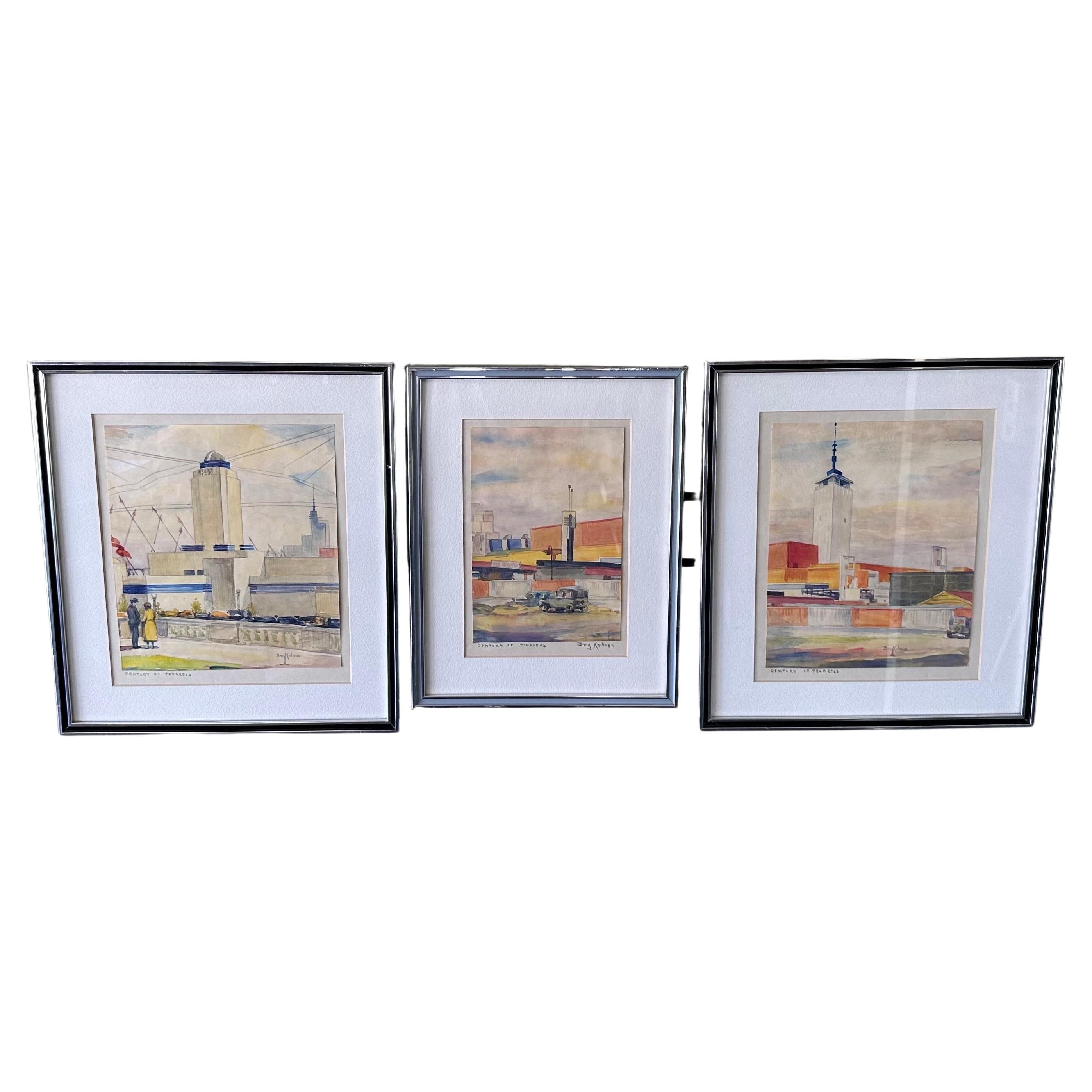 Three Original Watercolor Paintings "Century of Progress" by Benjamin Kelman For Sale