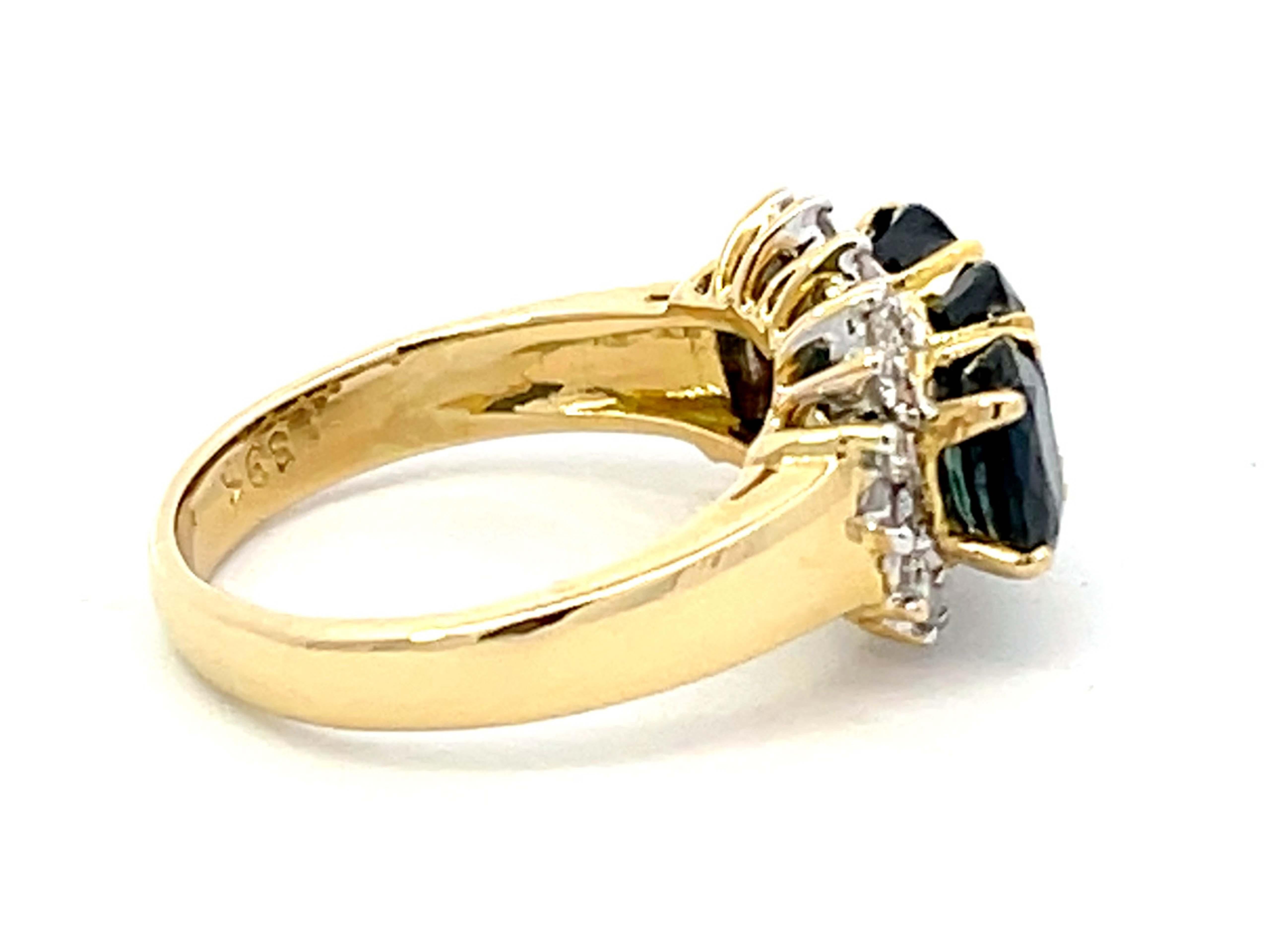 Women's Three Oval Blue Sapphire and Diamond Ring in 18K Yellow Gold For Sale