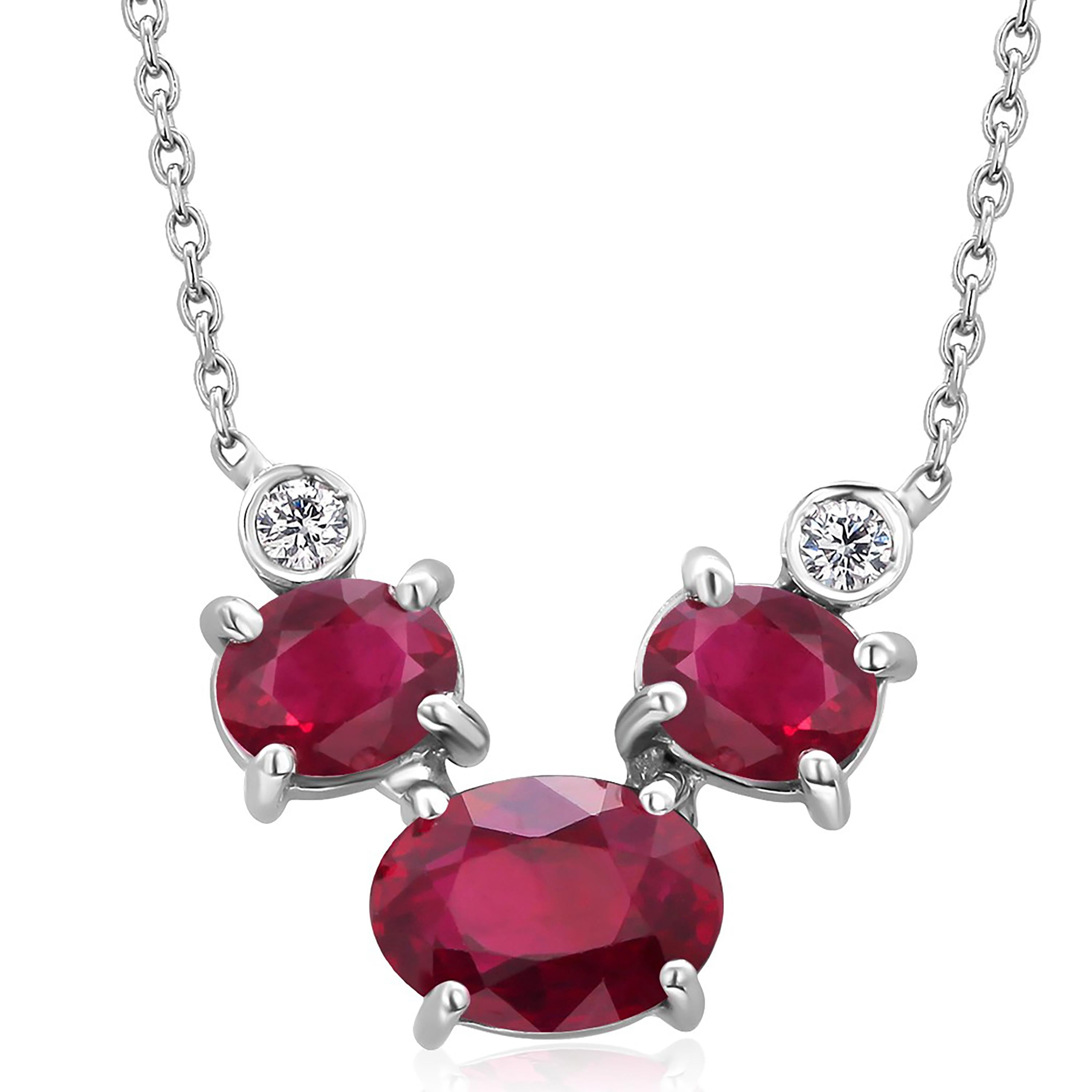 Oval Cut Three Oval Burma Red Rubies and Two Bezel Diamonds Rubies Gold Pendant Necklace
