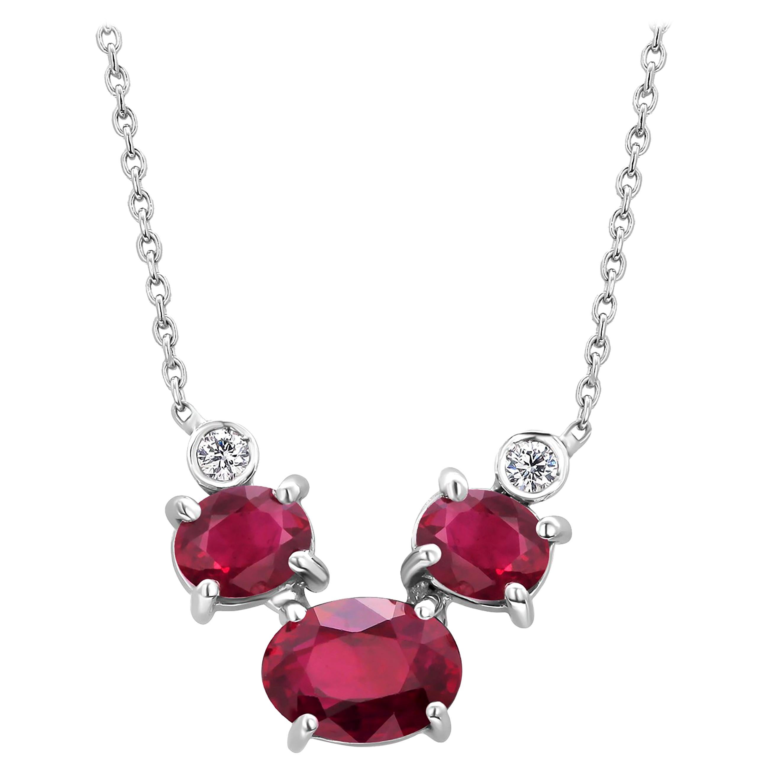 Three Oval Burma Red Rubies and Two Bezel Diamonds Rubies Gold Pendant Necklace