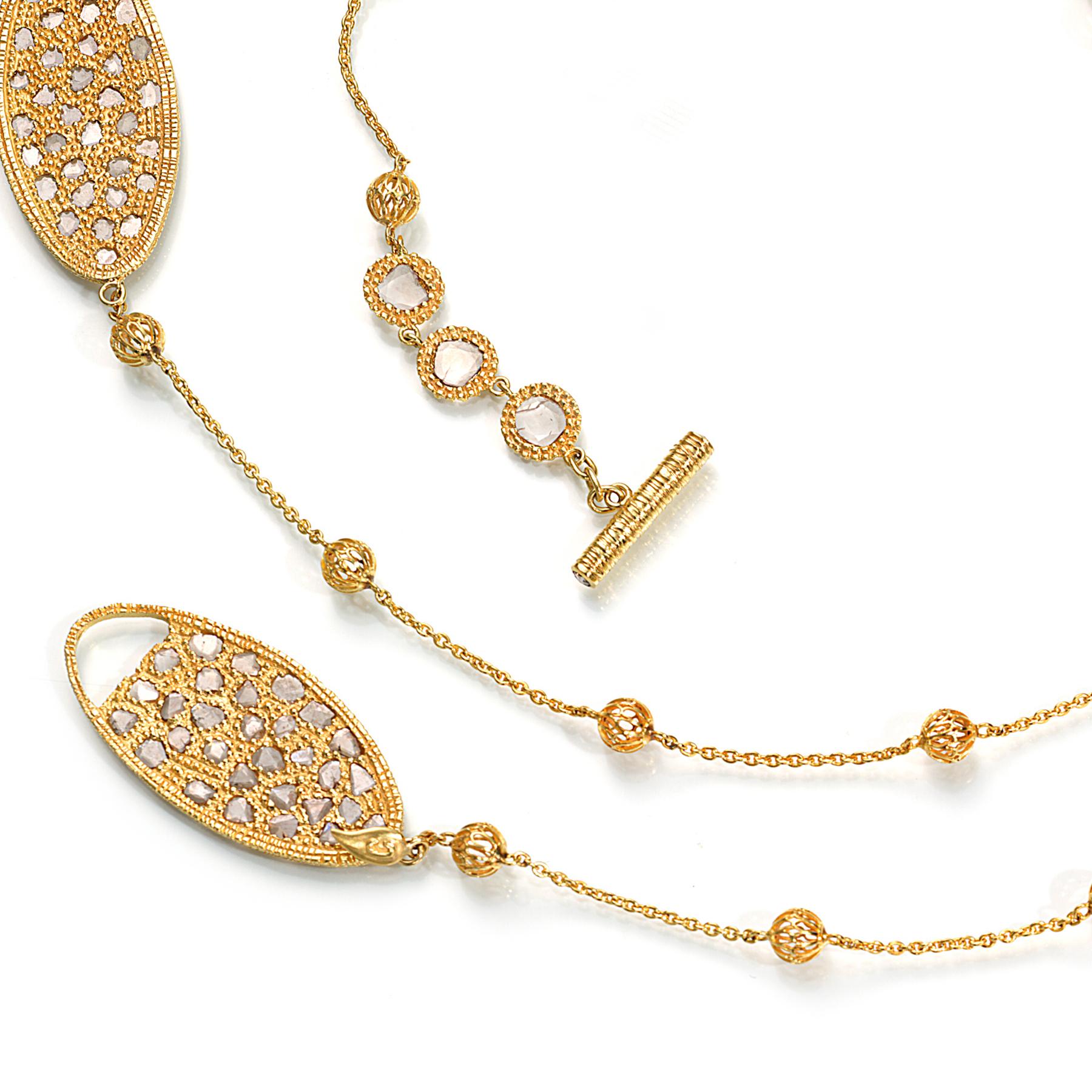 Beautiful Three Oval Necklace Set in 20 karat Yellow Gold with 4.50-carat Rose-cut Diamonds. This necklace comes with a toggle clasp and is part of COOMI's Eternity Collection. The Eternity Collection is inspired by the flow of movement in different