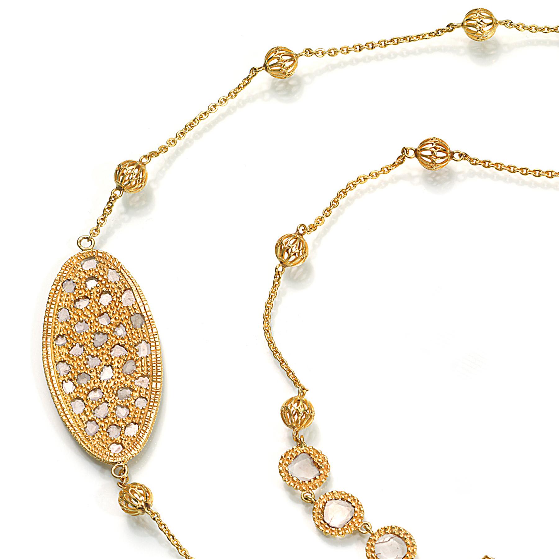 Contemporary Three Oval Necklace in 20K Yellow Gold with Rose-Cut Diamonds