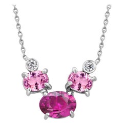 Three Oval Pink Sapphires and Two Diamonds Gold Drop Pendant Necklace