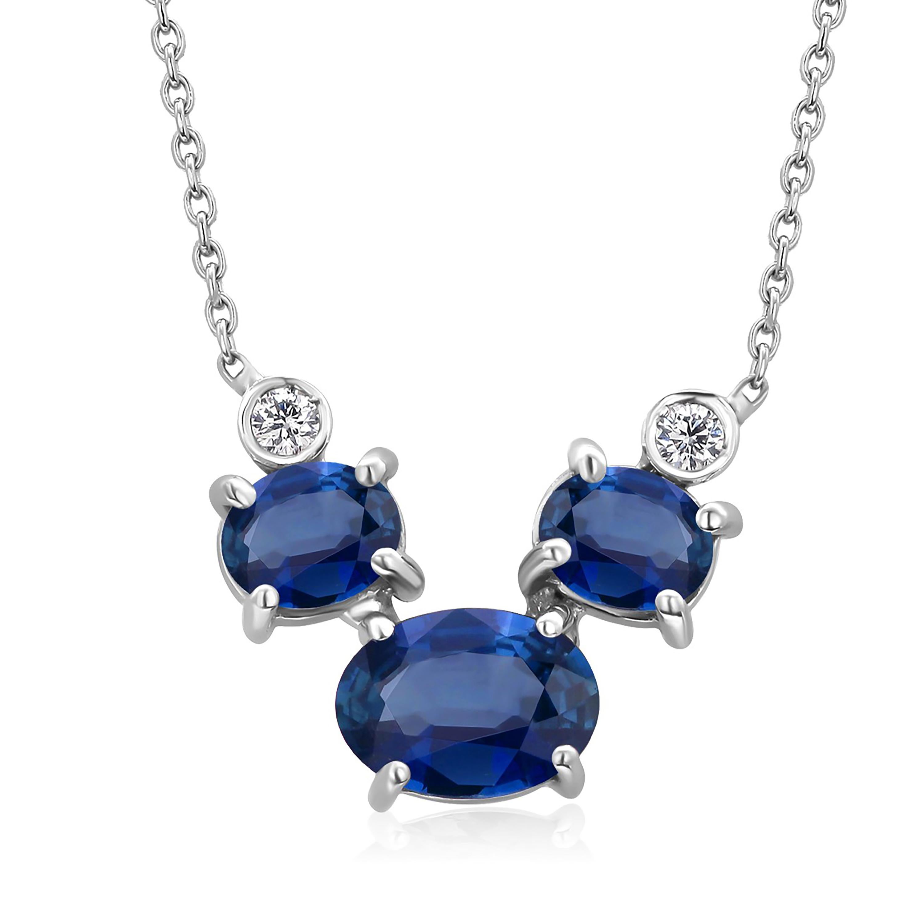 Oval Cut Three Oval Sapphires and Two Diamonds Gold Drop Pendant Necklace
