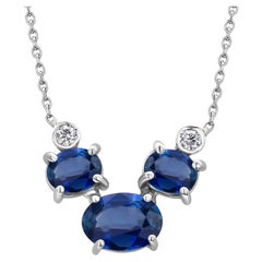 Three Oval Sapphires and Two Diamonds Gold Drop Pendant Necklace
