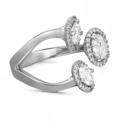 Three Oval Shape Diamond Halo Cocktail Ring 18K White Gold 2.40Cttw Size 5.5