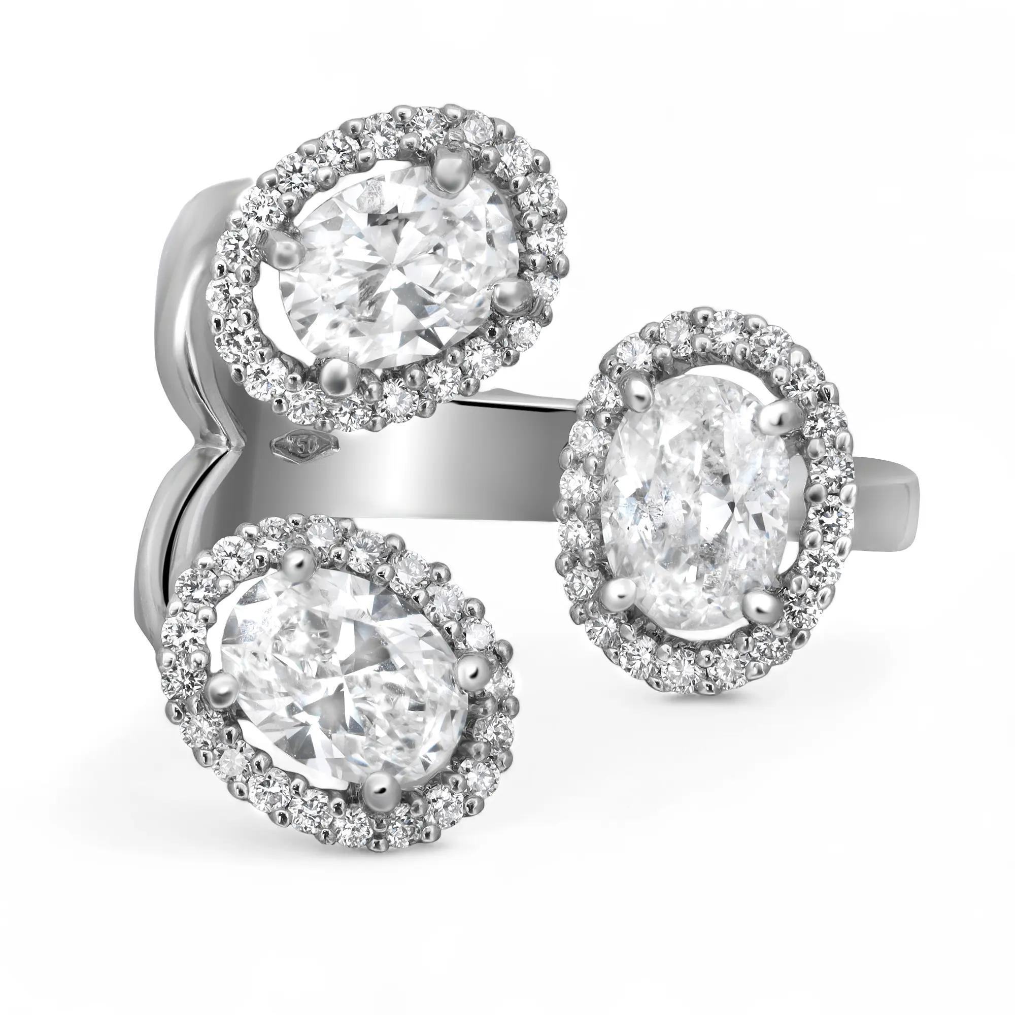 Three Oval Shape Diamond Halo Cocktail Ring 18K White Gold 2.40Cttw Size 5.5