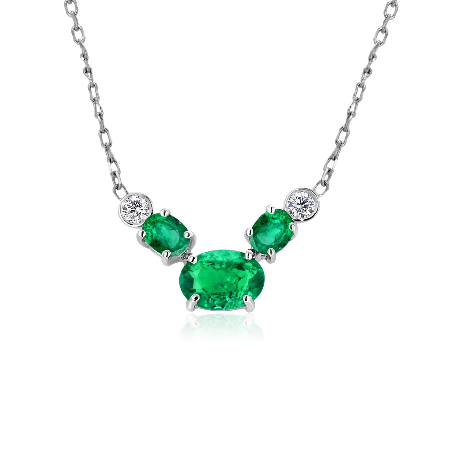 Oval Cut Three Oval Shaped Emerald Bezel Round Diamond White Gold Drop Pendant Necklace For Sale