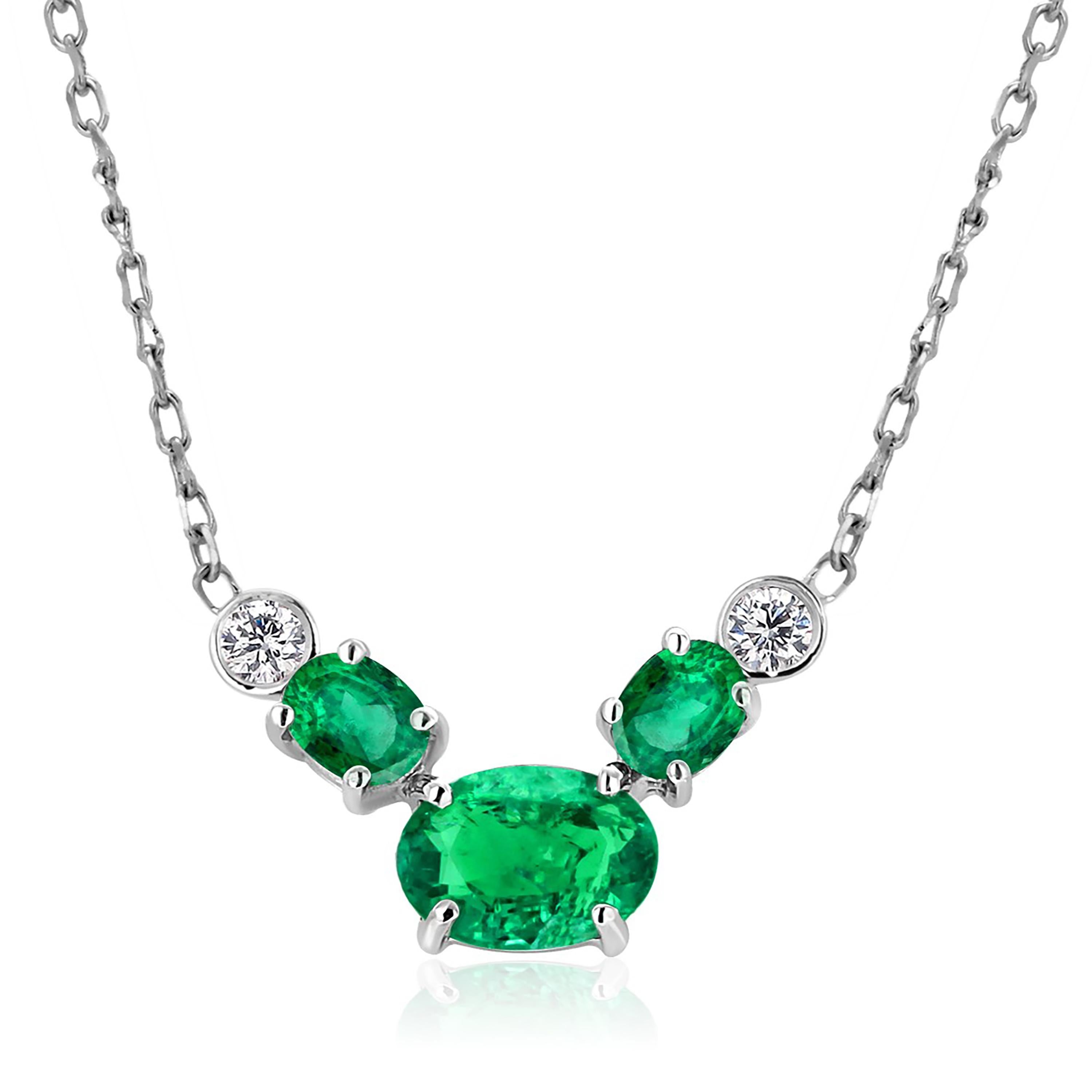 Three Oval Shaped Emerald Bezel Round Diamond White Gold Drop Pendant Necklace For Sale 1
