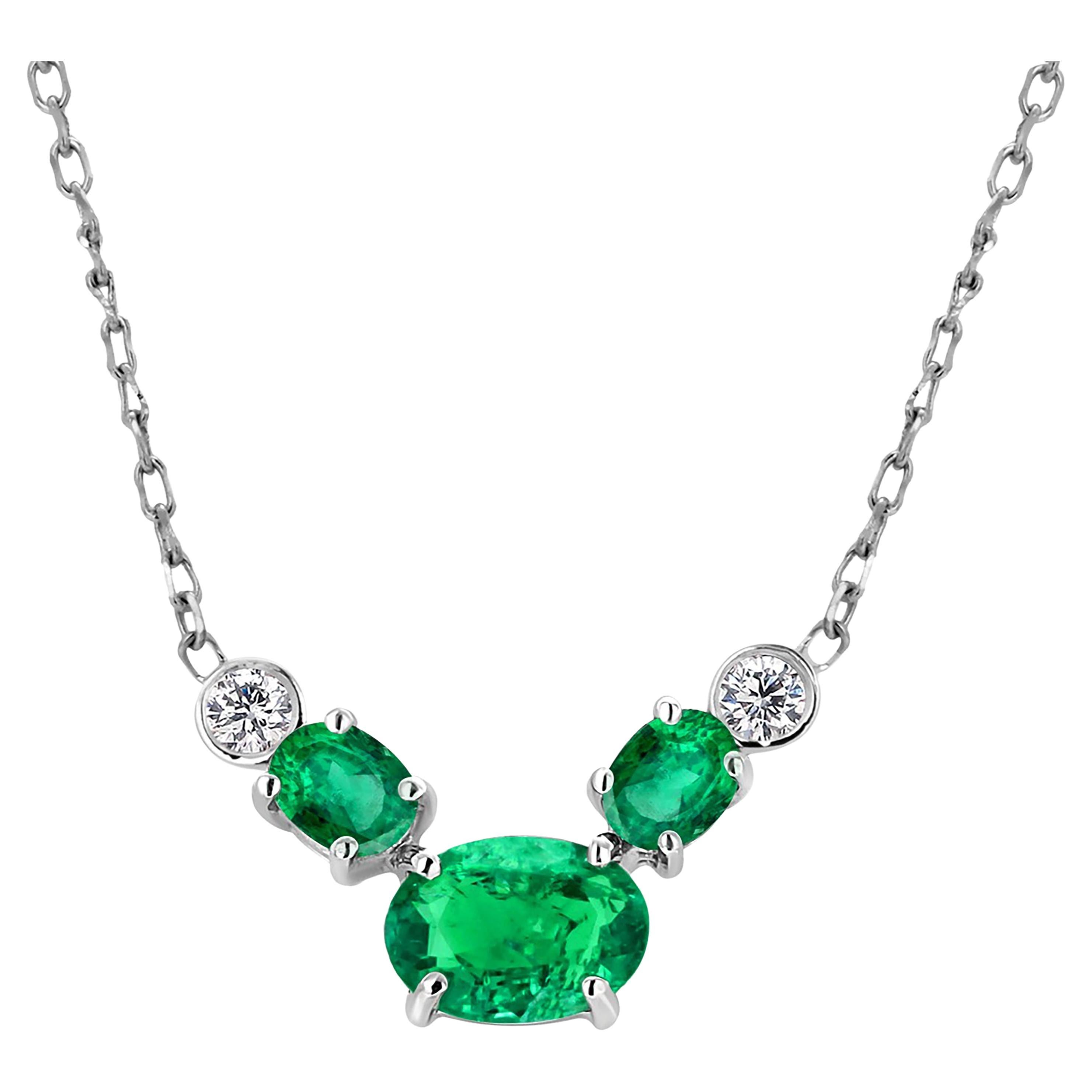 Three Oval Shaped Emerald Bezel Round Diamond White Gold Drop Pendant Necklace For Sale