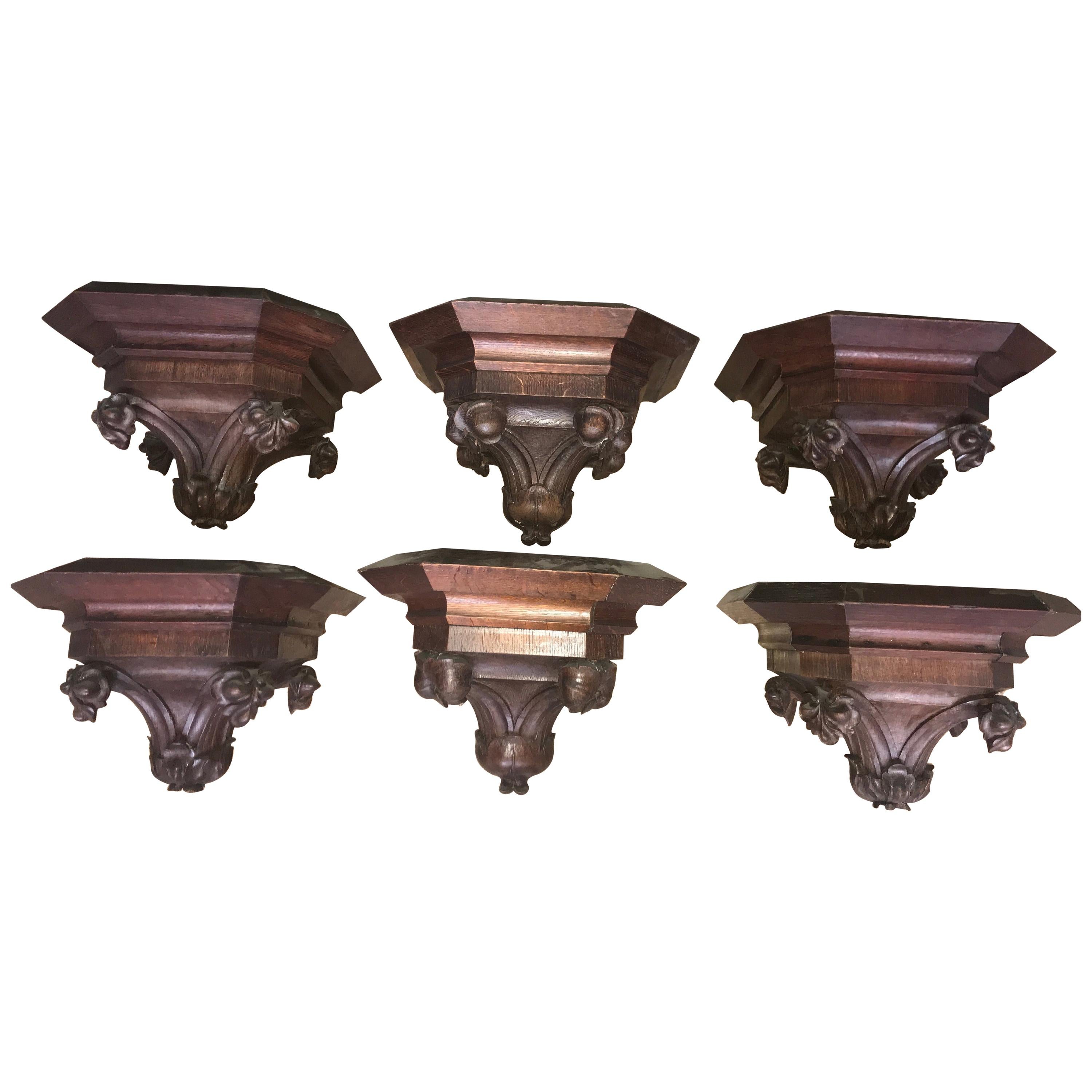 Three Pair of 19th Century Hand Carved Oak Wall Bracket Consoles For Sale