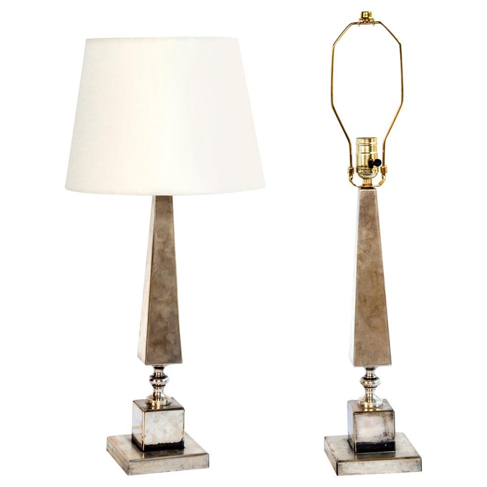 A Pair of Silver Plated Pyramid Table Lamps Sold in Pairs.