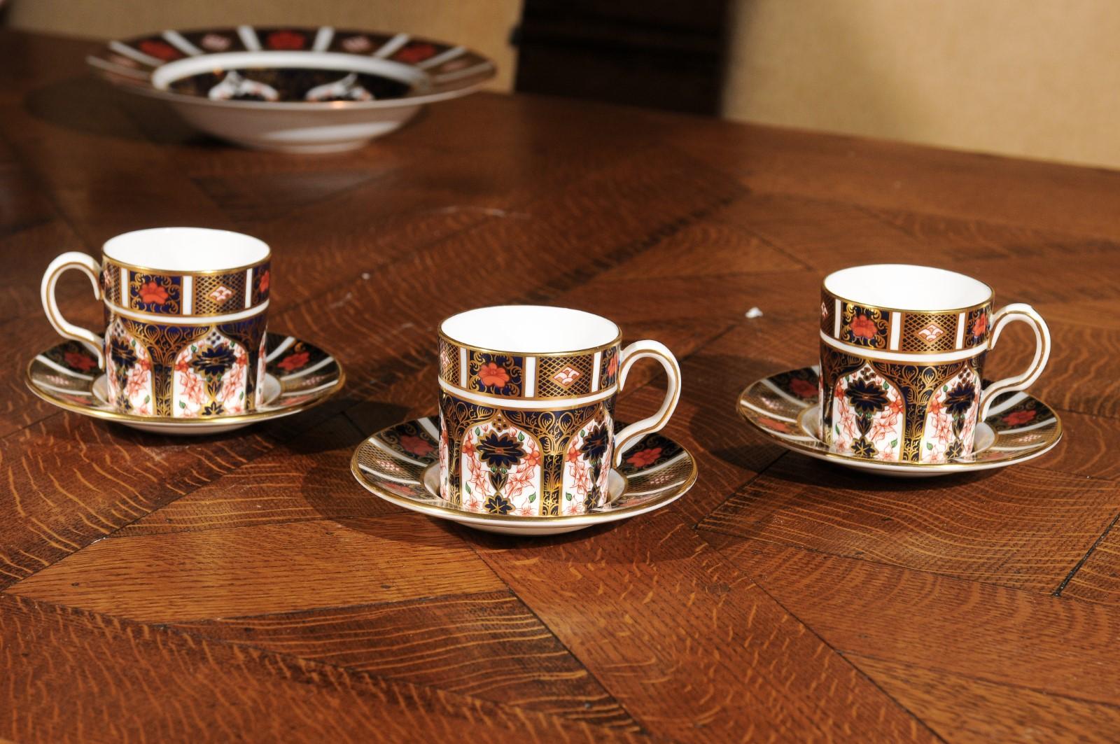 20th Century Three Pairs of English Old Imari Royal Crown Derby Demitasses and Saucers