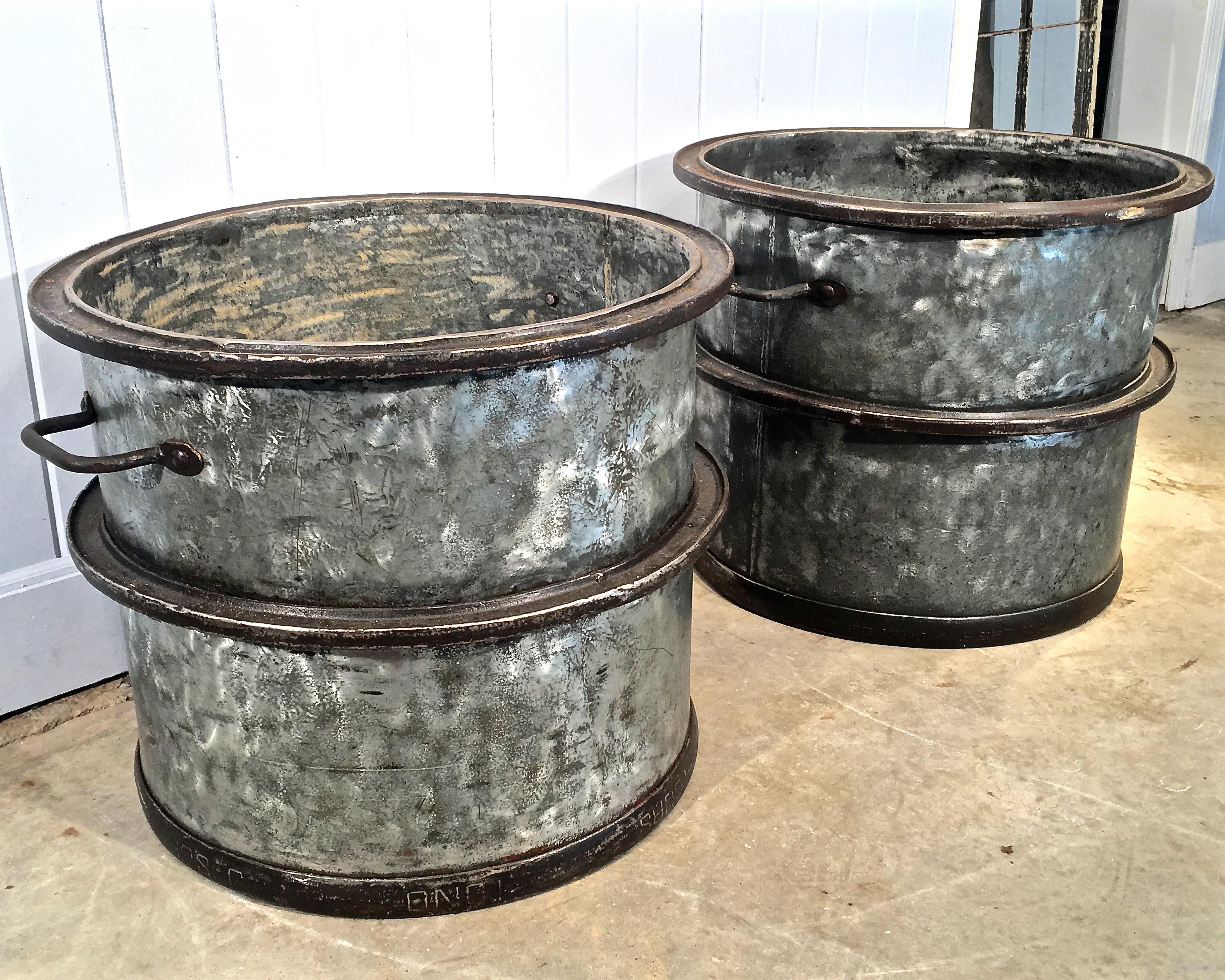 Pair of Large Heavy French Polished Galvanized Steel Tub Planters 2