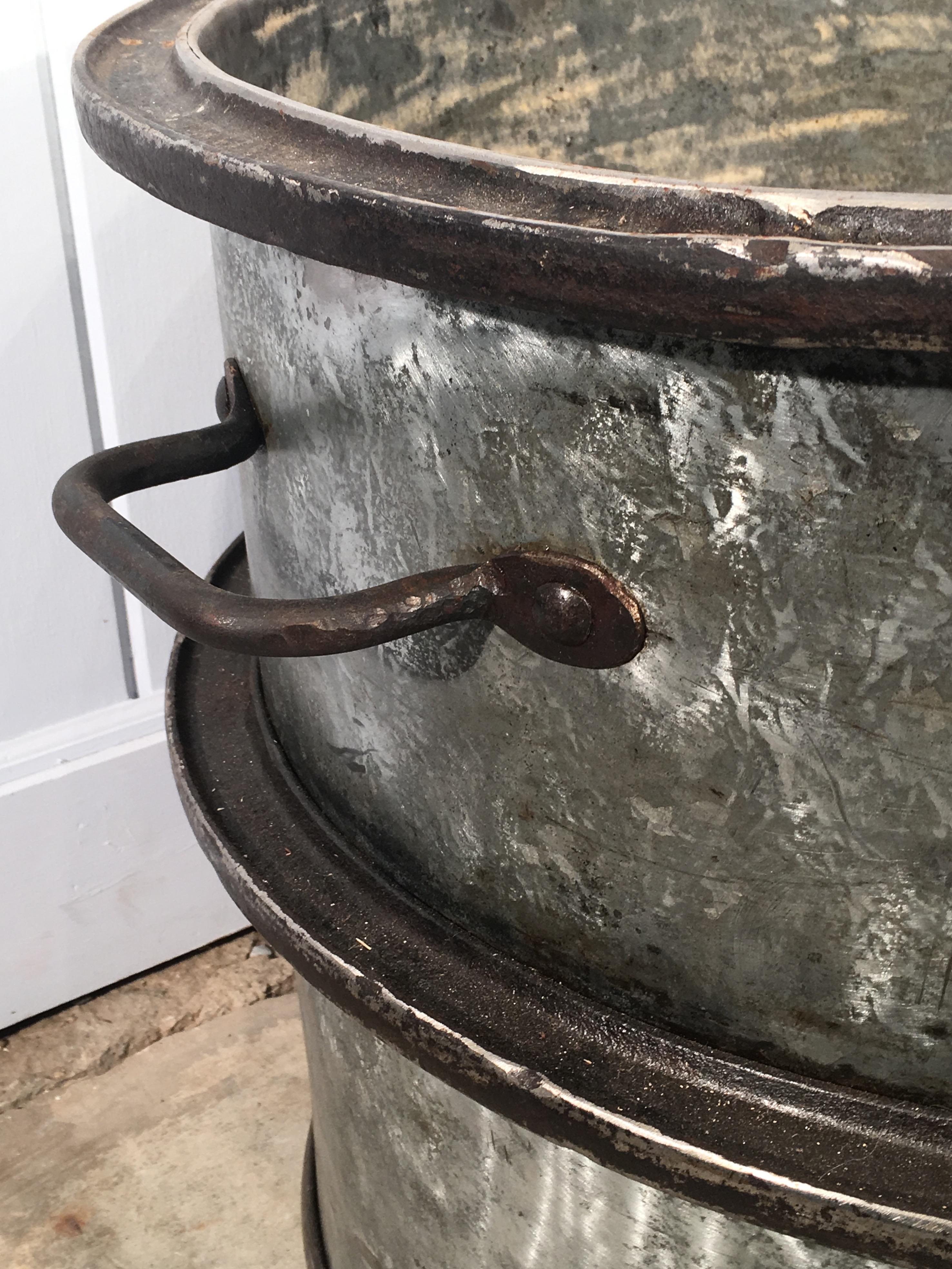 20th Century Pair of Large Heavy French Polished Galvanized Steel Tub Planters
