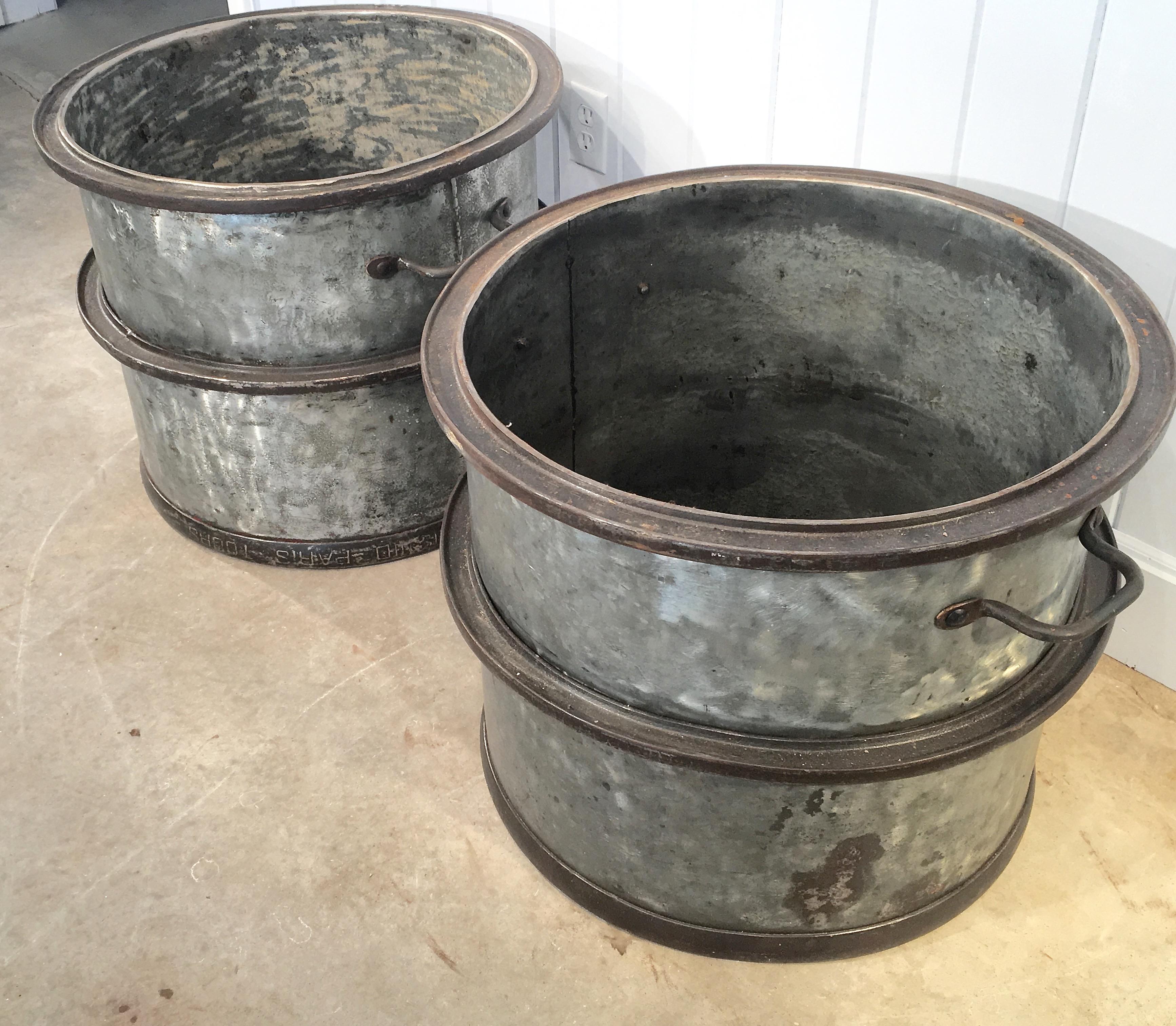 Pair of Large Heavy French Polished Galvanized Steel Tub Planters 1