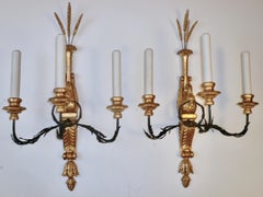 Three Pairs of Signed E. F. Caldwell Carved Giltwood and Iron Swan Form Sconces