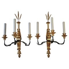 Three Pairs of Signed E. F. Caldwell Carved Giltwood and Iron Swan Form Sconces