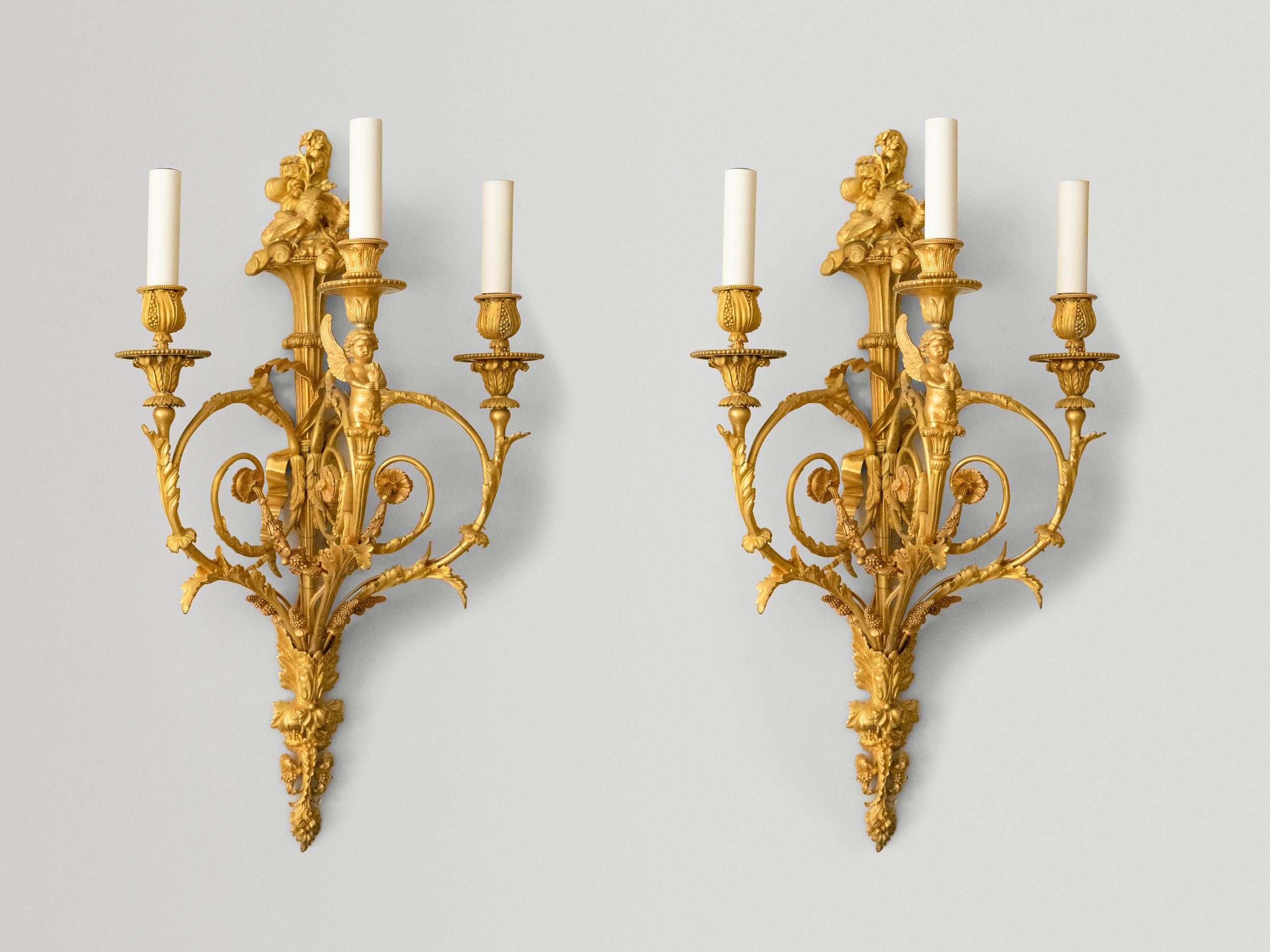 Three Pairs Of Three-Light Sconces LOUIS XVI STYLE GILT BRONZE In Good Condition For Sale In SAINT-JEAN-CAP-FERRAT, FR