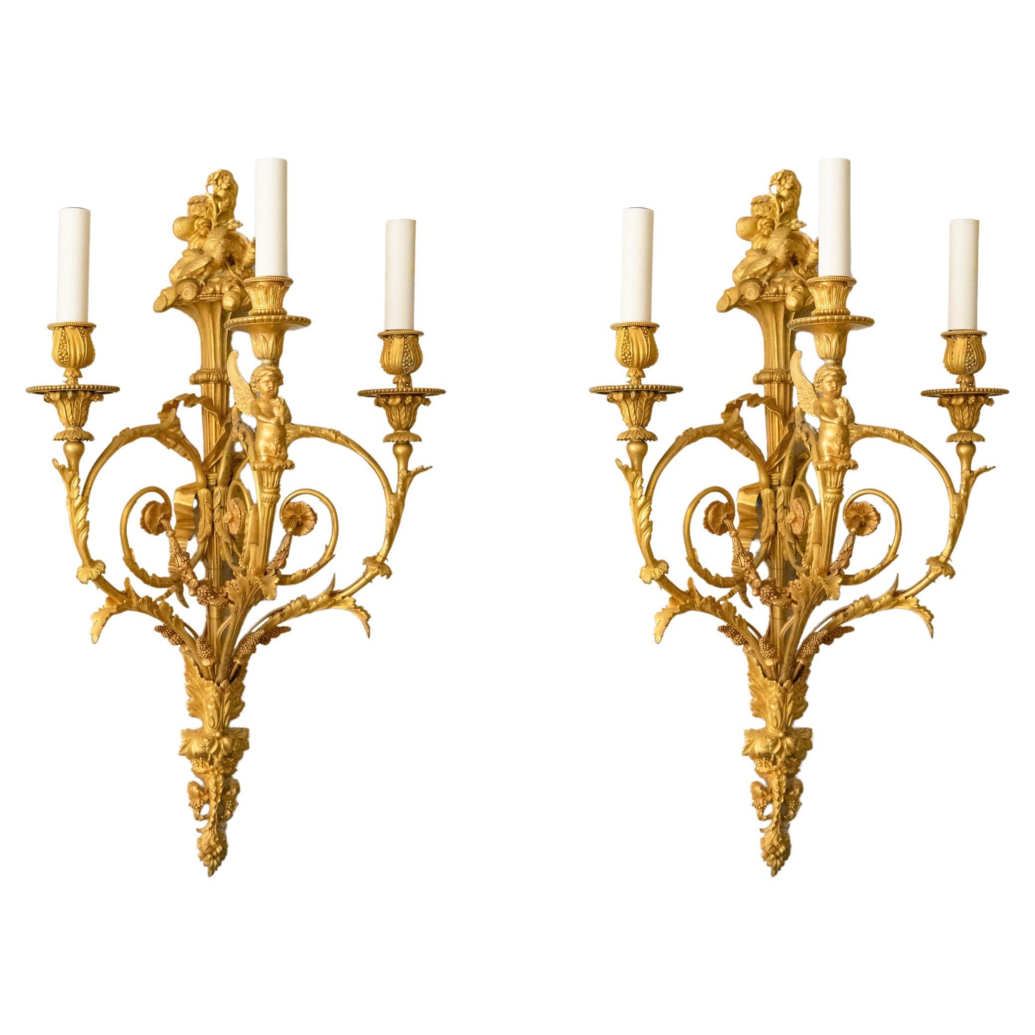 Three Pairs Of Three-Light Sconces LOUIS XVI STYLE GILT BRONZE For Sale