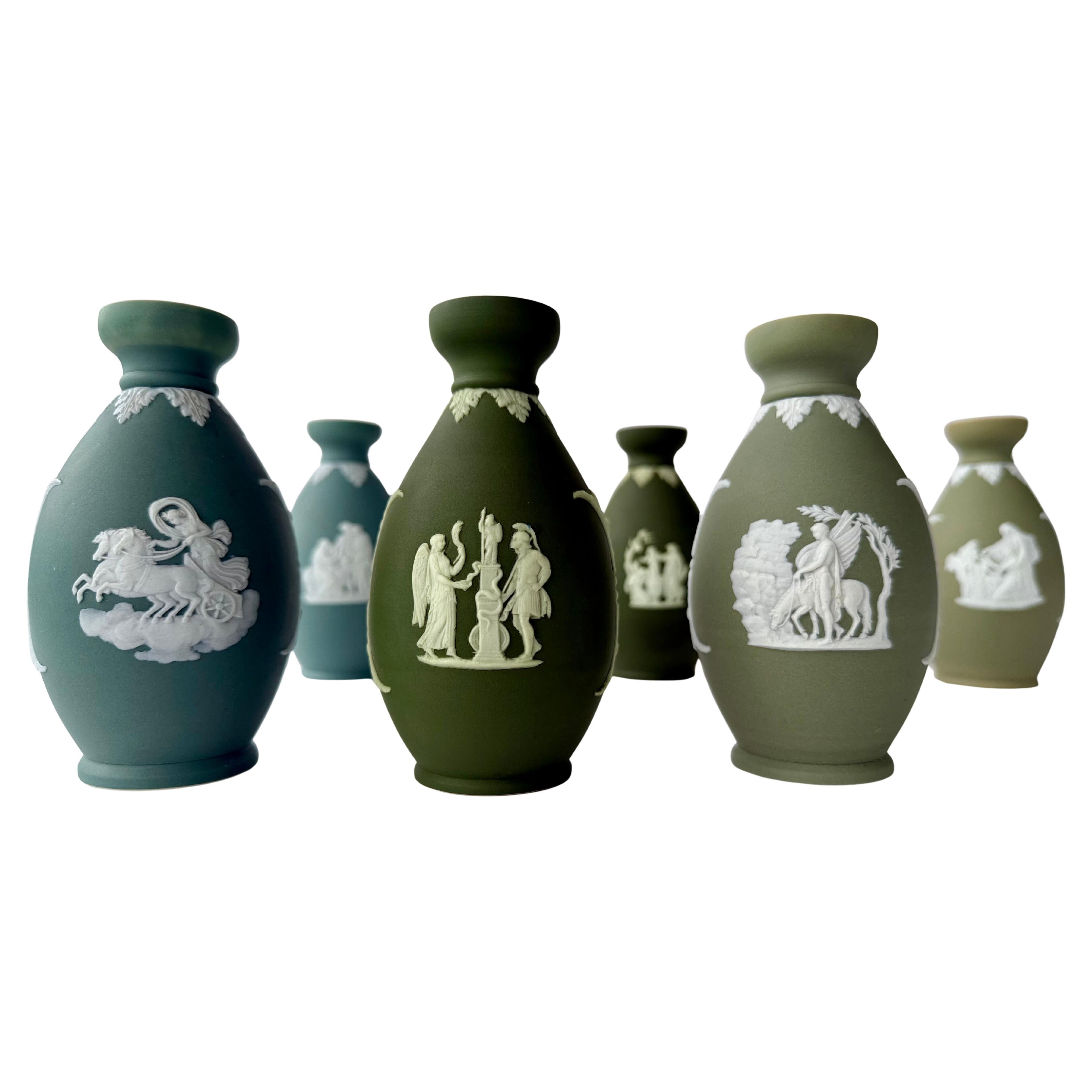Three Pairs Wedgwood Green Dip Jasper Ware Bud Vases