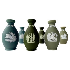 Three Pairs Wedgwood Green Dip Jasper Ware Bud Vases Three Pairs Wedgwood Green Dip Jasper Ware Bud Vases