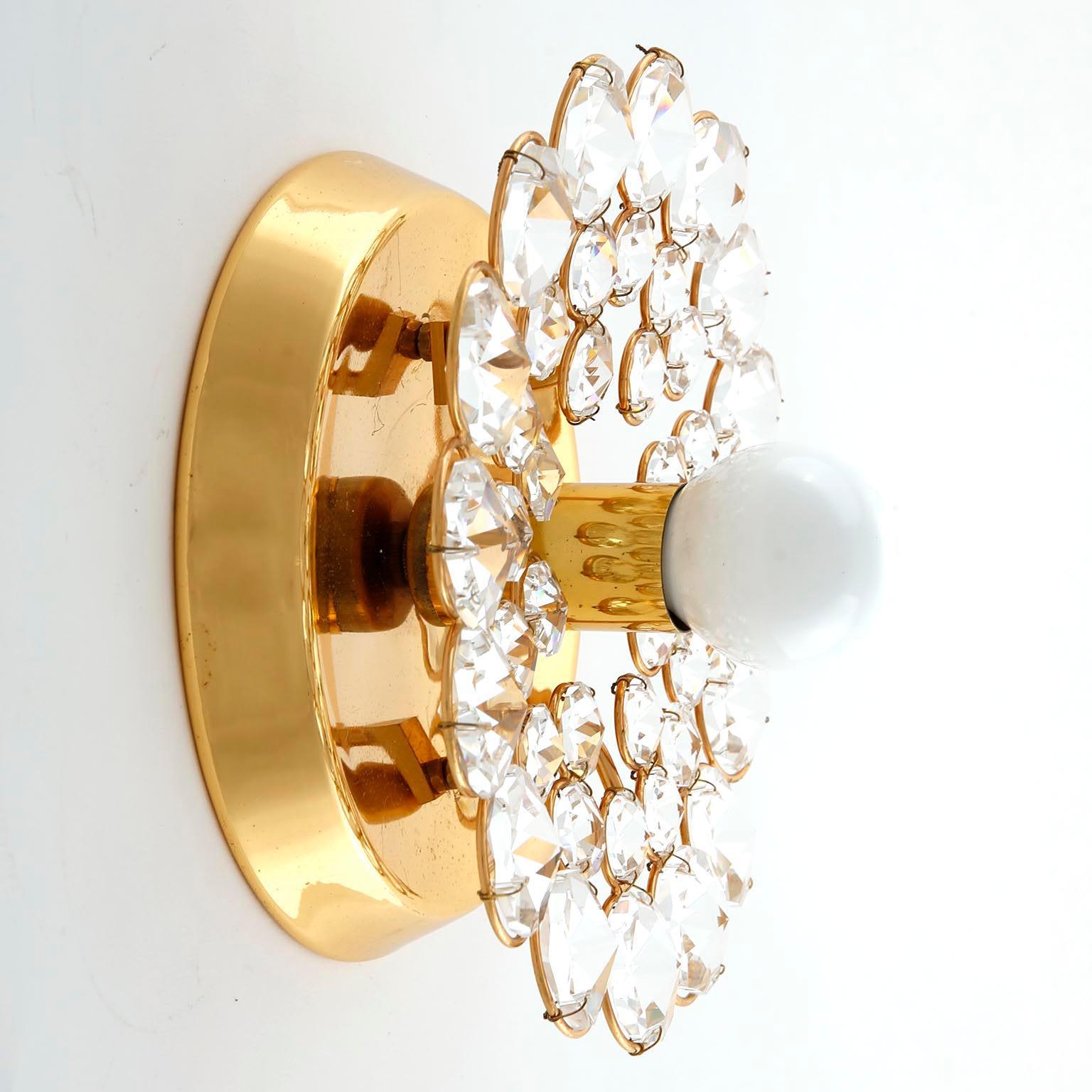 Crystal One of Three Palwa Sconces Wall Lamps Flush Mount Lights, Gilt Brass, 1970 For Sale