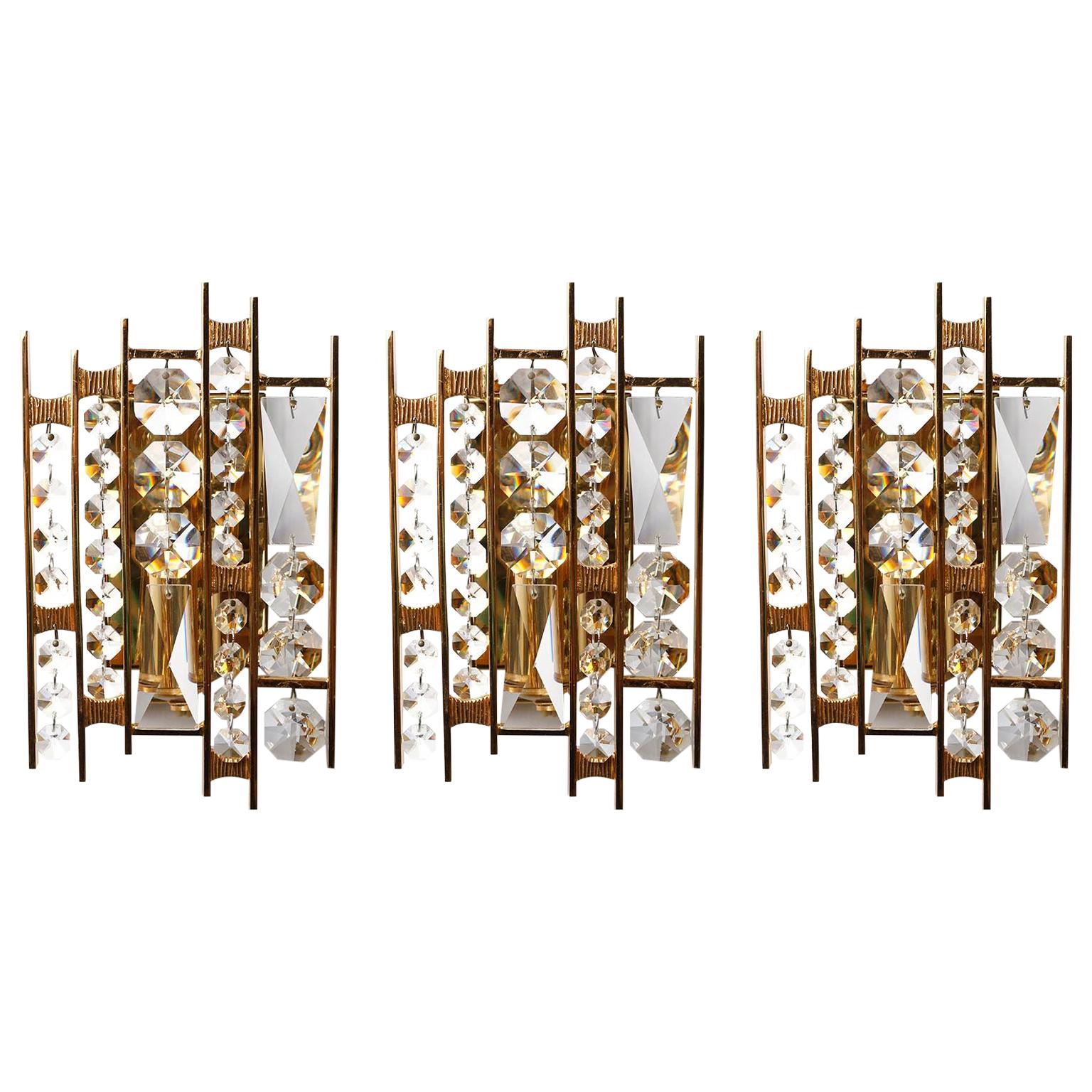 Three Palwa Sconces Wall Lamps, Gilt Brass, 1970