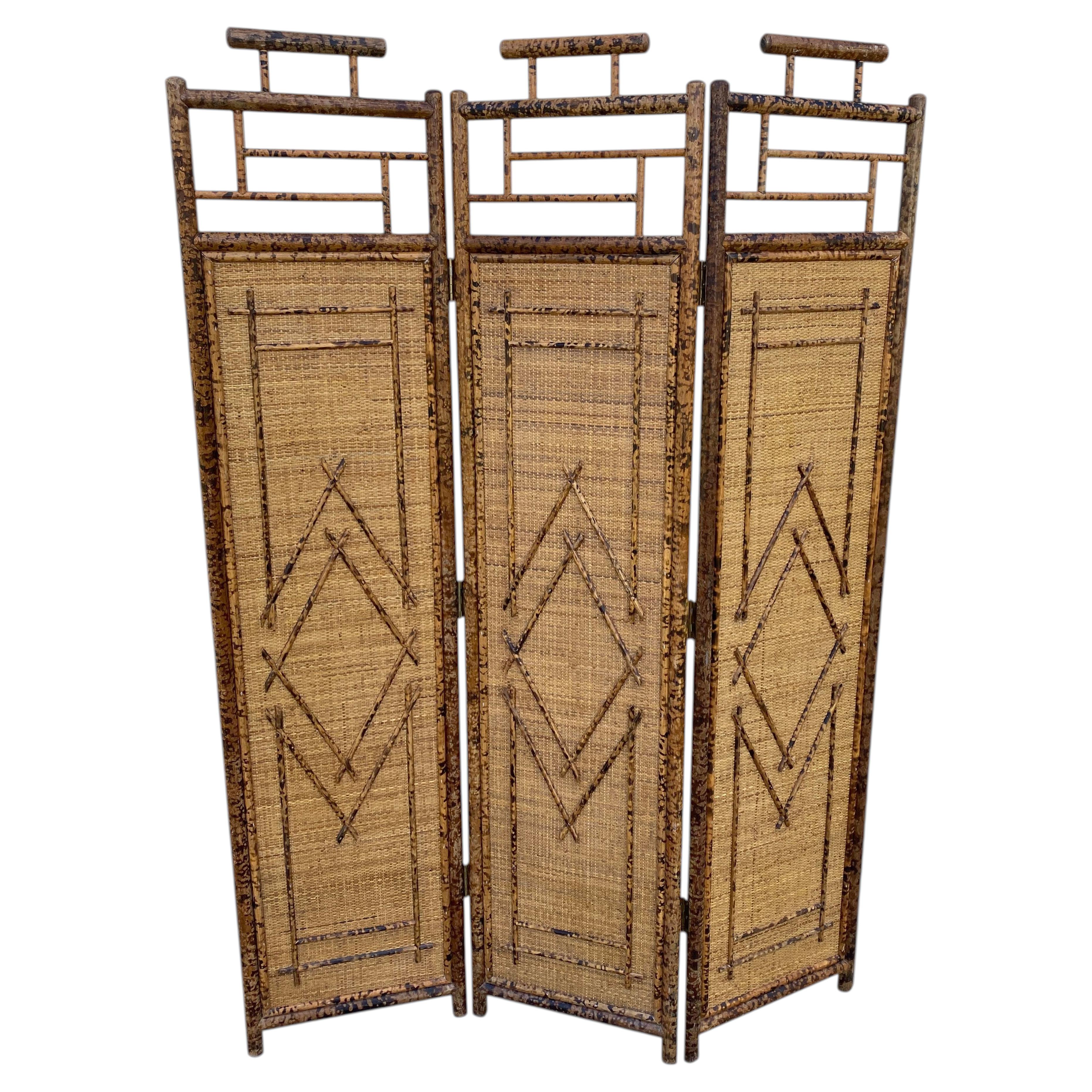 Three-Panel Bamboo and Rattan Room Divider For Sale