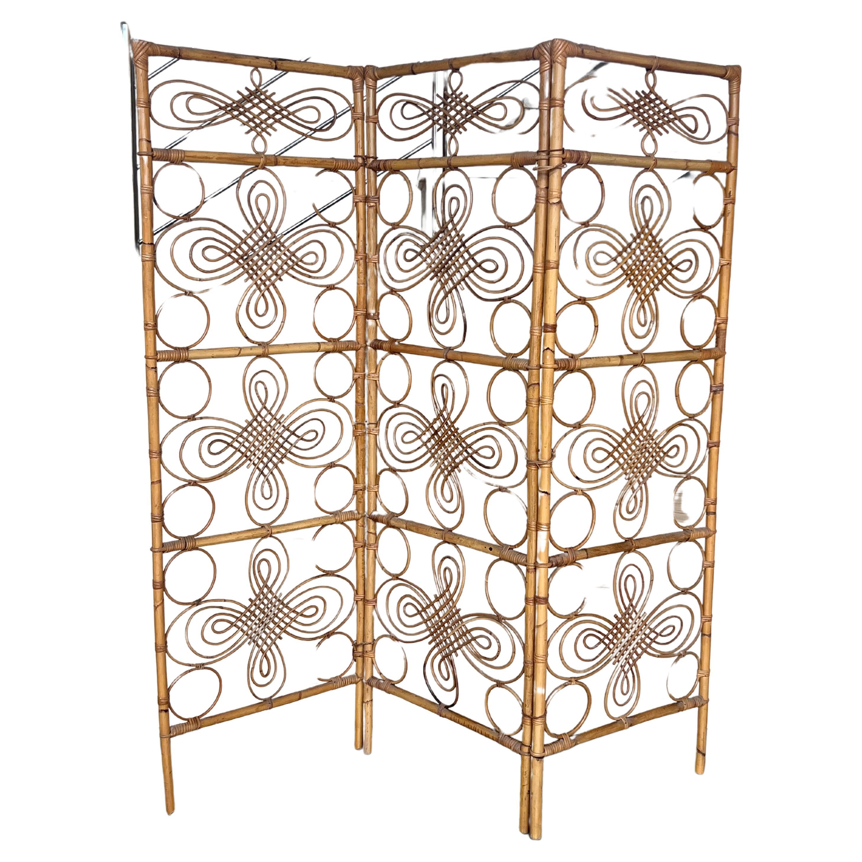 Three-Panel Bamboo Wicker Rattan Folding Screen Room Divider, France 1960s For Sale