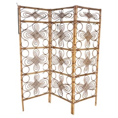 Retro Three-Panel Bamboo Wicker Rattan Folding Screen Room Divider, France 1960s