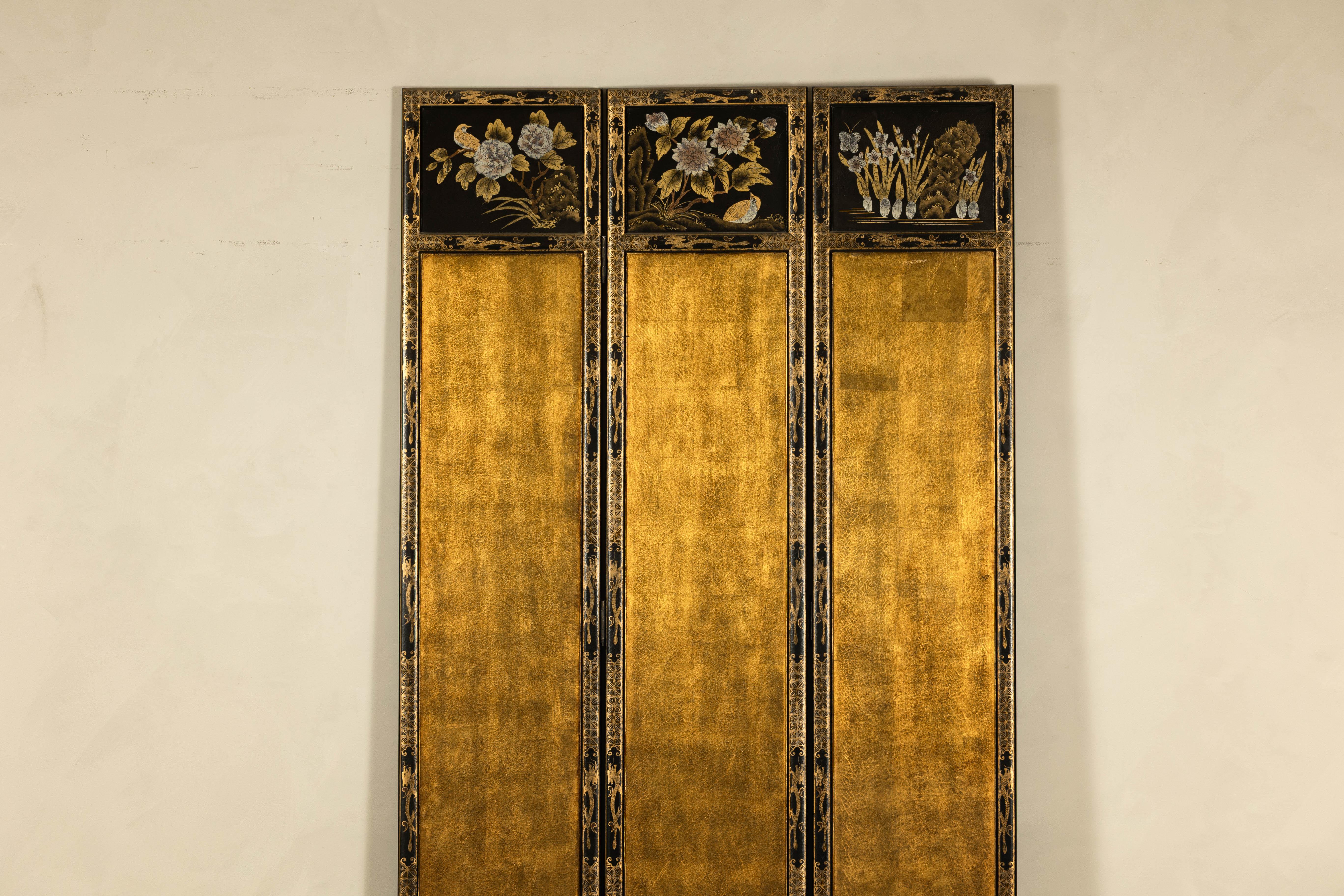 Chinese Three-Panel Black Lacquered and Gold Screen with Flowers and Calligraphy For Sale