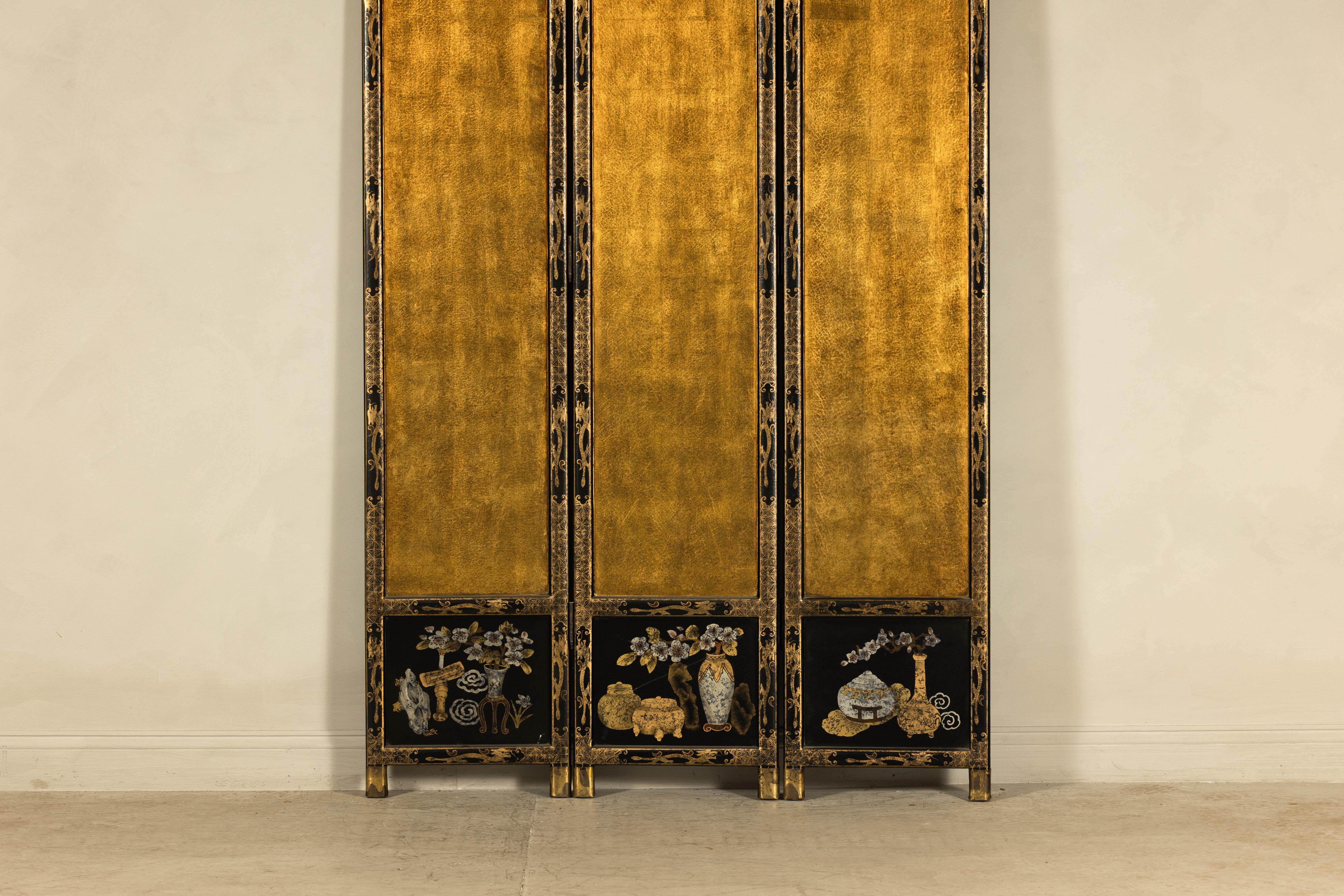Gilt Three-Panel Black Lacquered and Gold Screen with Flowers and Calligraphy For Sale