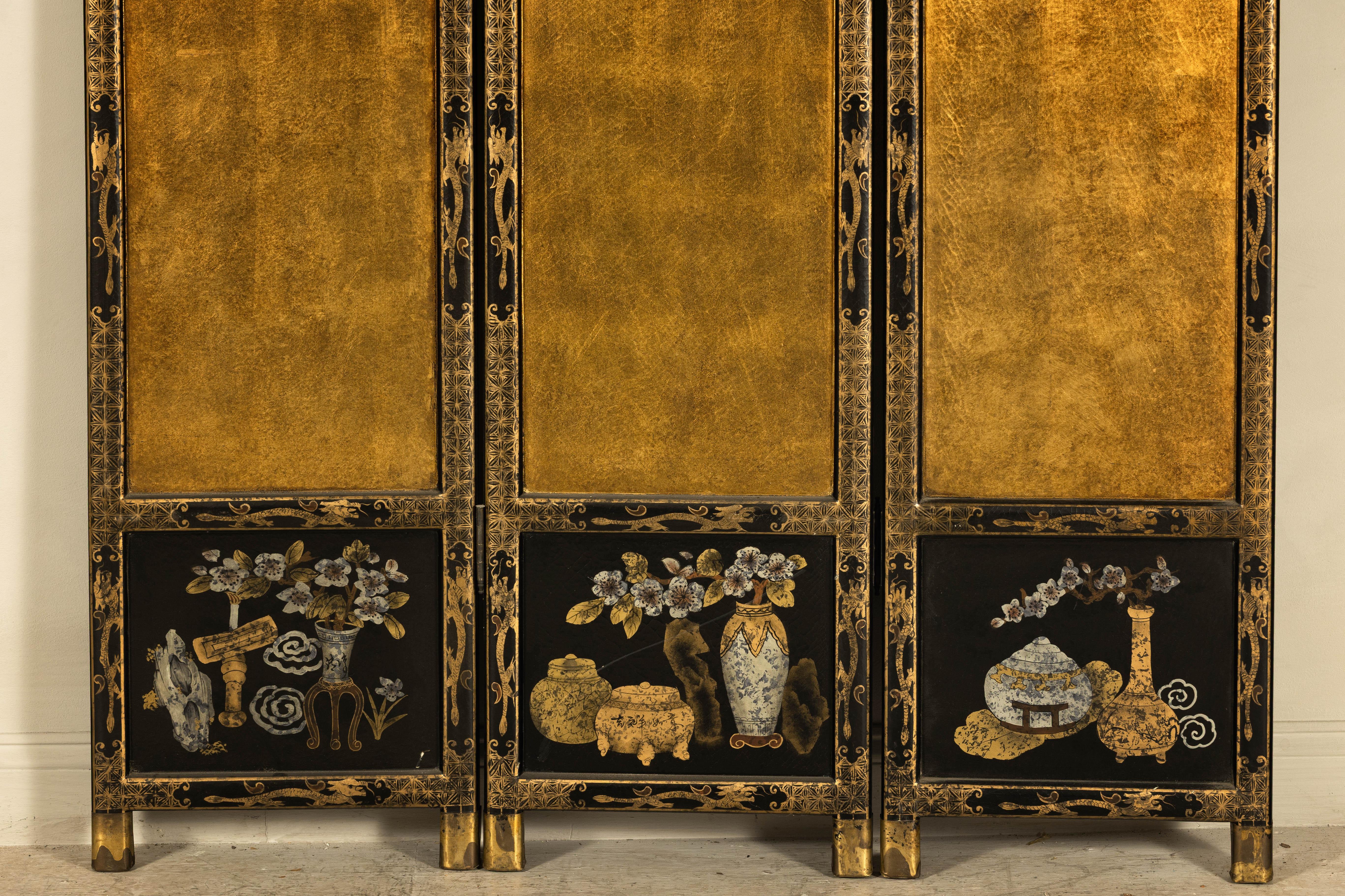 Wood Three-Panel Black Lacquered and Gold Screen with Flowers and Calligraphy For Sale