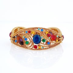 Three Panel Braided Filigree Jewel Tone Rhinestone Bracelet By La Roca, 1950s