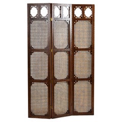 Three-Panel Caned 1970s Room Divider Reversible Double-Hinged Folding Screen
