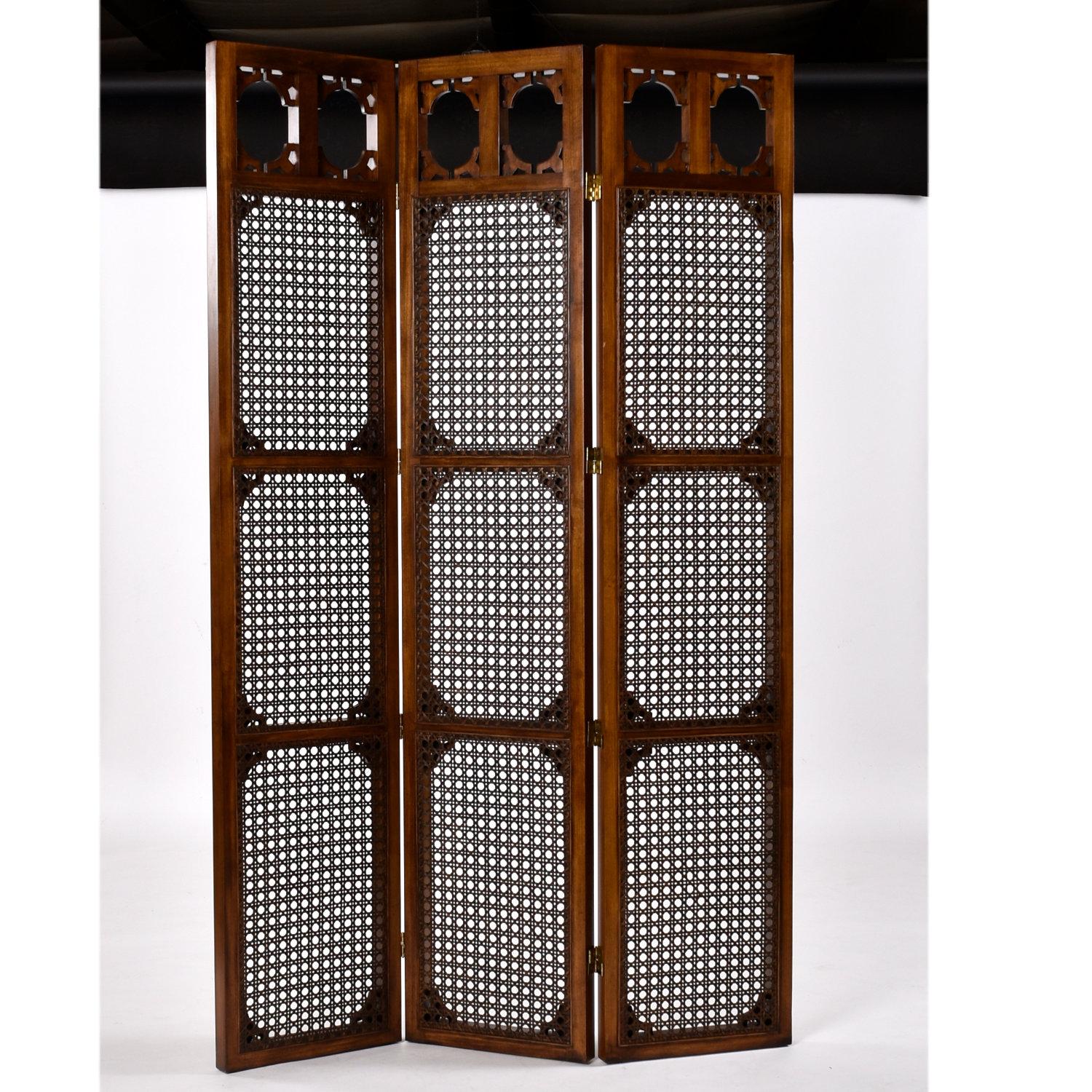 Mid-Century Modern Three-Panel Caned 1970s Room Divider Reversible Double-Hinged Folding Screen