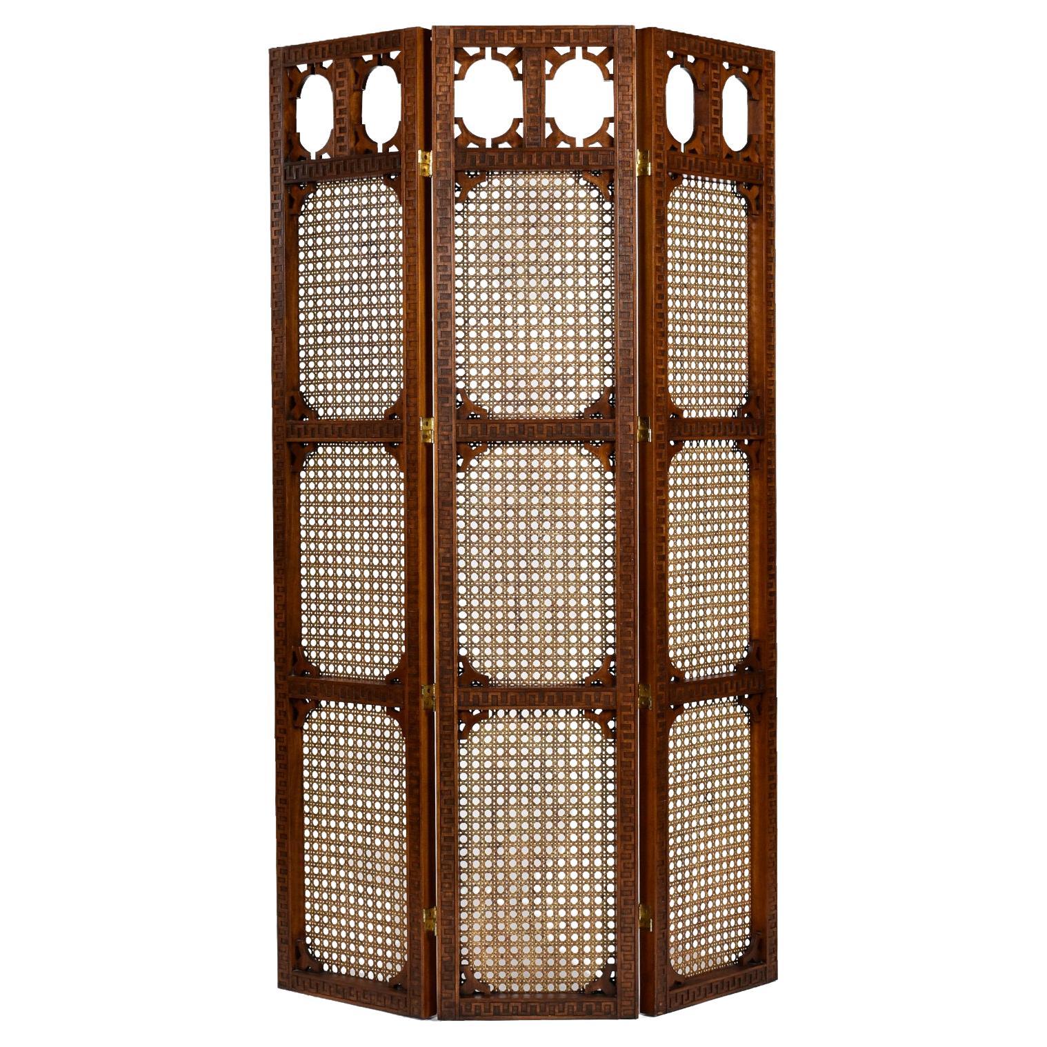 Three-Panel Caned 1970s Room Divider Reversible Double-Hinged Folding Screen