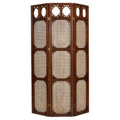 Vintage Three-Panel Caned 1970s Room Divider Reversible Double-Hinged Folding Screen
